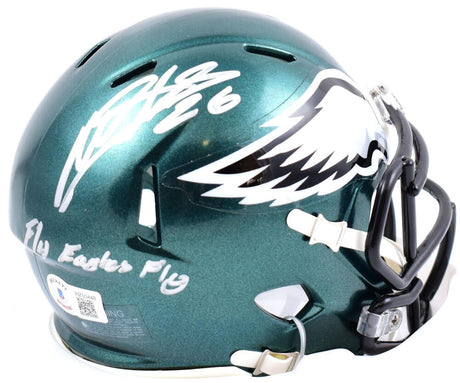 Miles Sanders Autographed Philadelphia Eagles Speed Mini Helmet w/Fly Eagles-Beckett W Hologram *Silver  Image 1