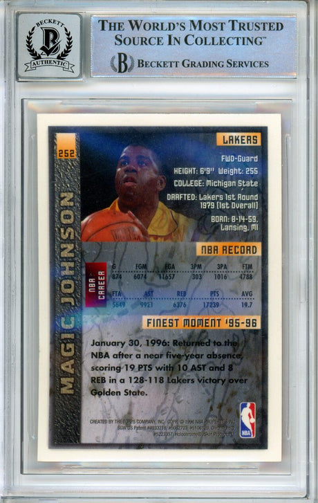 1995-96 Topps Finest #252 Magic Johnson Los Angeles Lakers BAS Autograph 10  Image 2