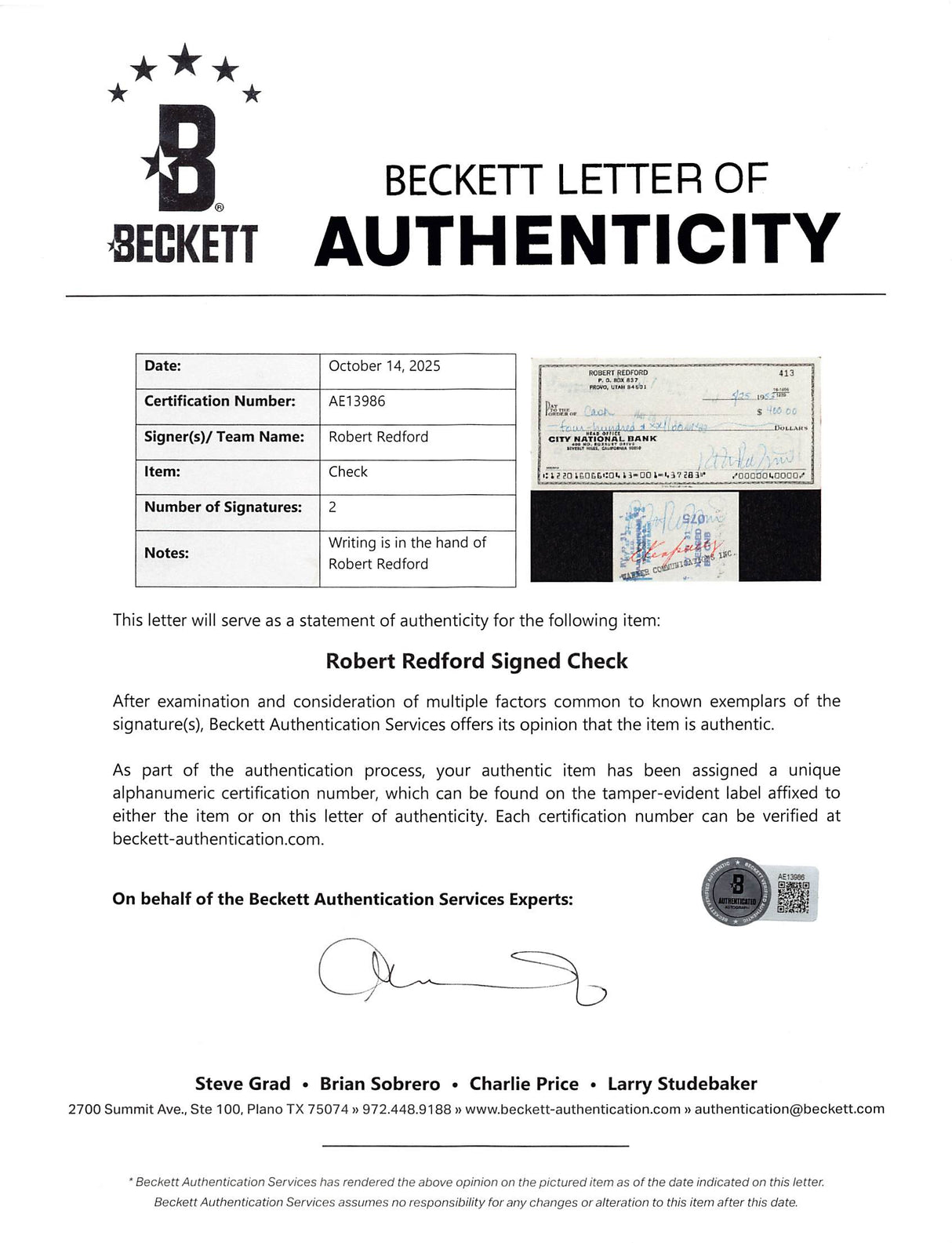 Robert Redford Authentic Double Signed 2.5x6 1983 Personal Check BAS #AE13625