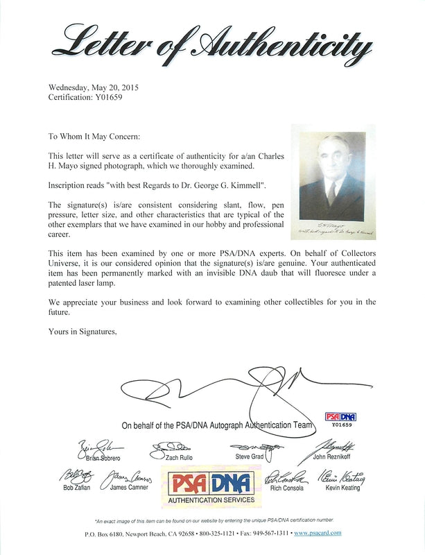 Charles H. Mayo (Mayo Clinic) Authentic Signed 10x13 Photo PSA/DNA #Y01659