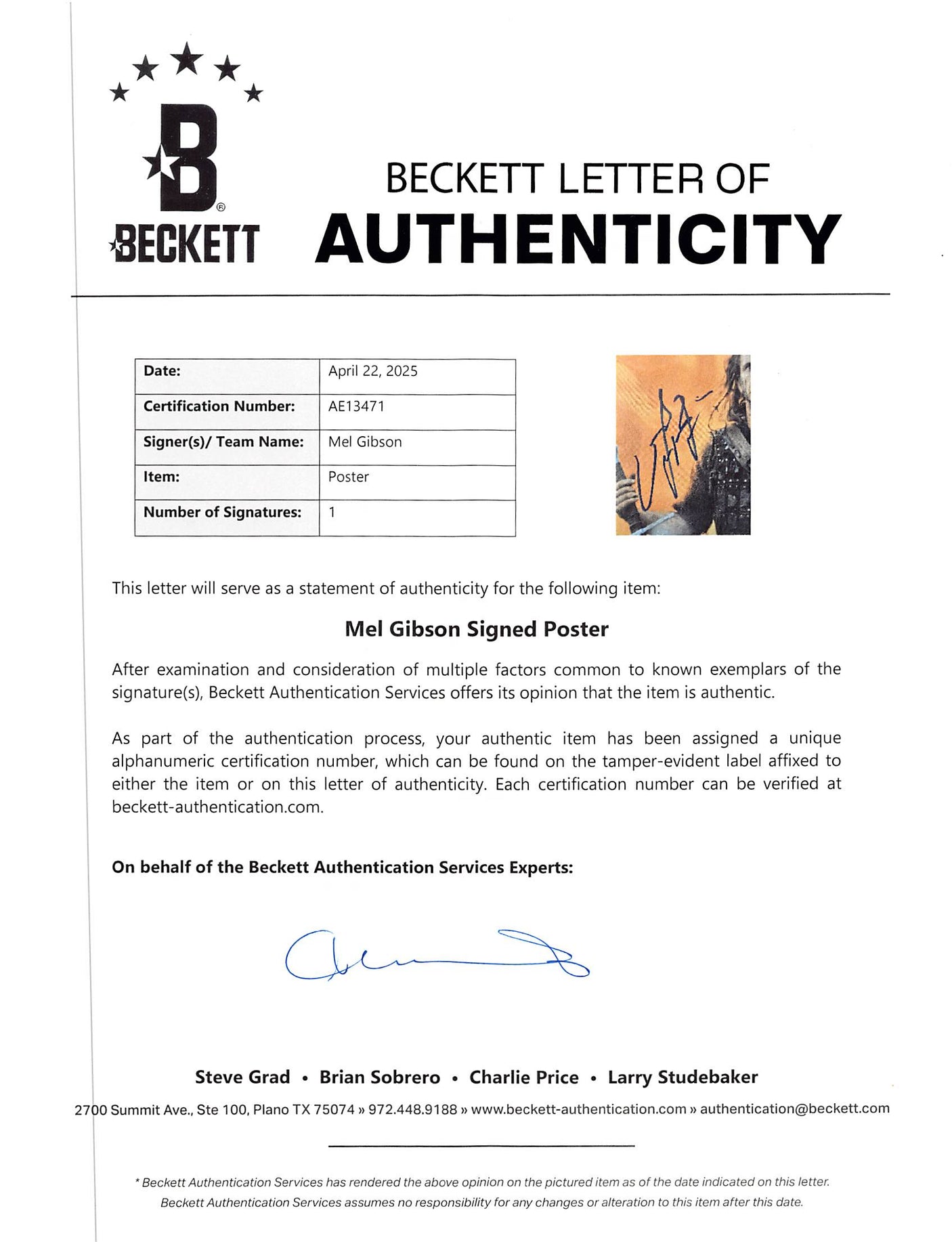 Mel Gibson Braveheart Authentic Signed 11x17 Mini Movie Poster Photo BAS