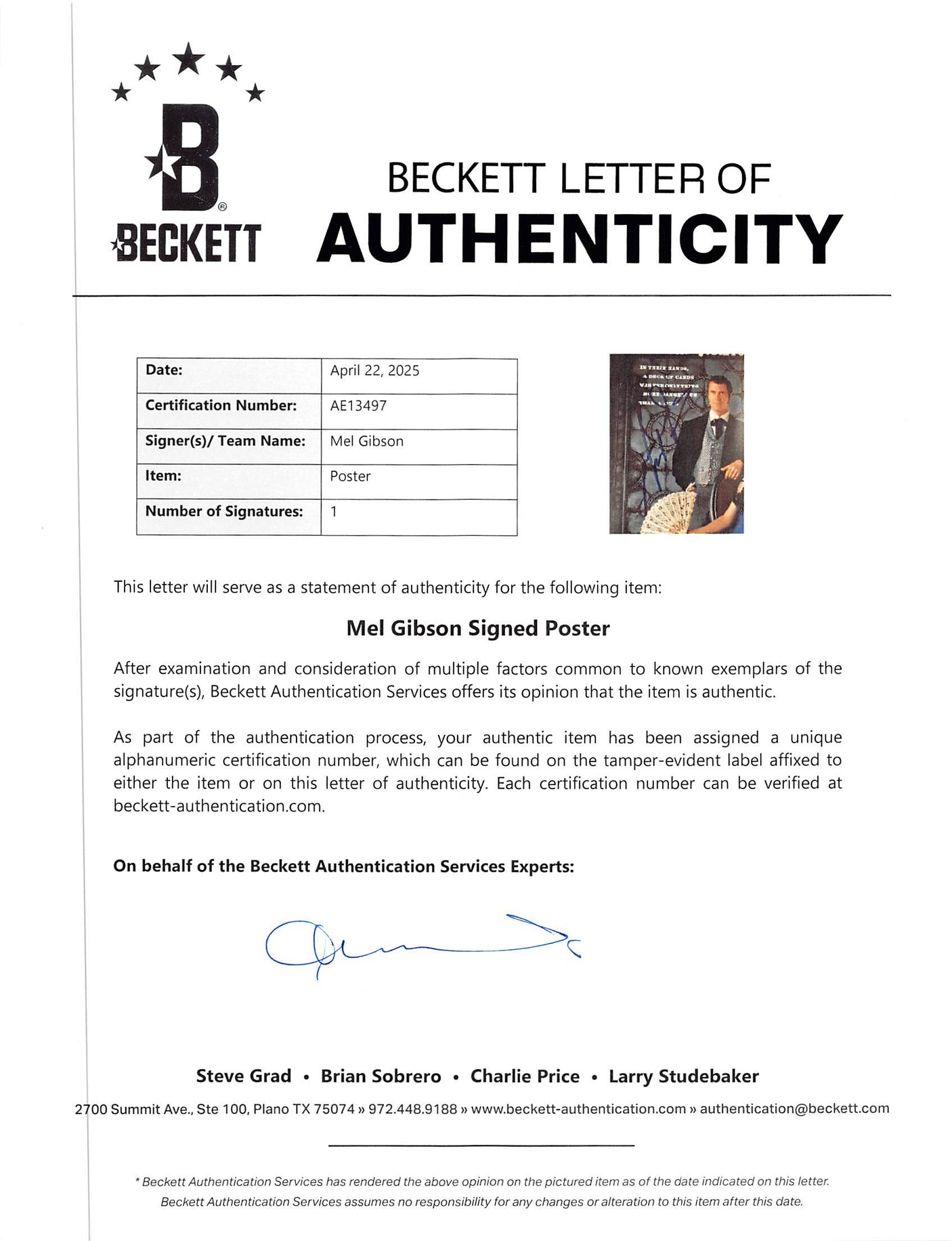 Mel Gibson Maverick Authentic Signed 11x17 Mini Movie Poster Photo BAS