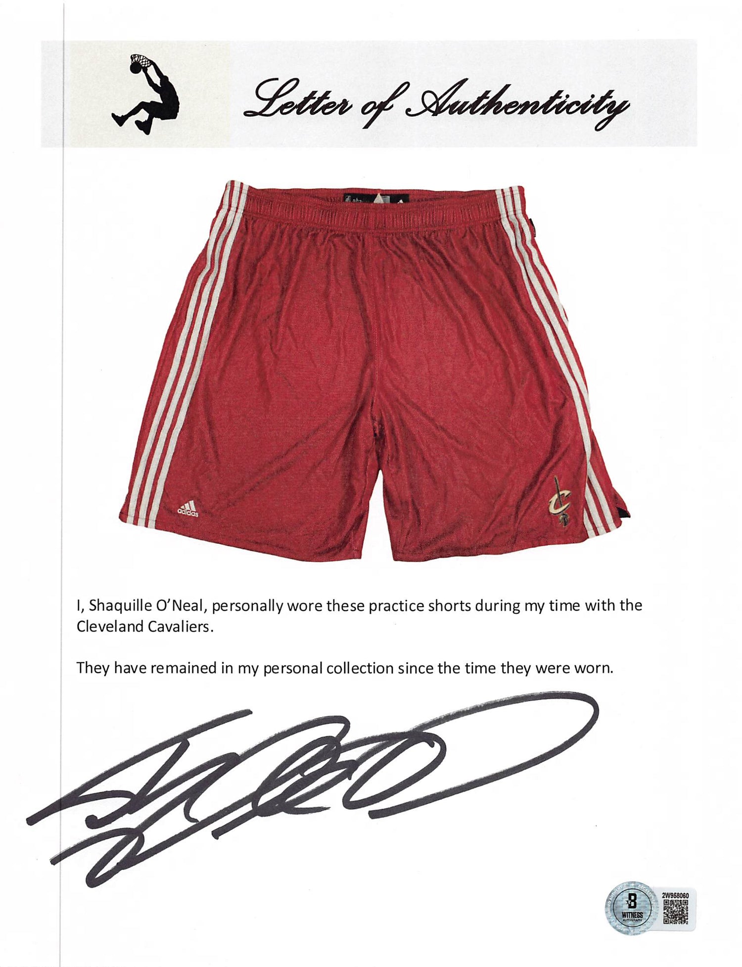 Cavaliers Shaquille O'Neal Signed Red Adidas Practice Shorts BAS Wit #2W958085