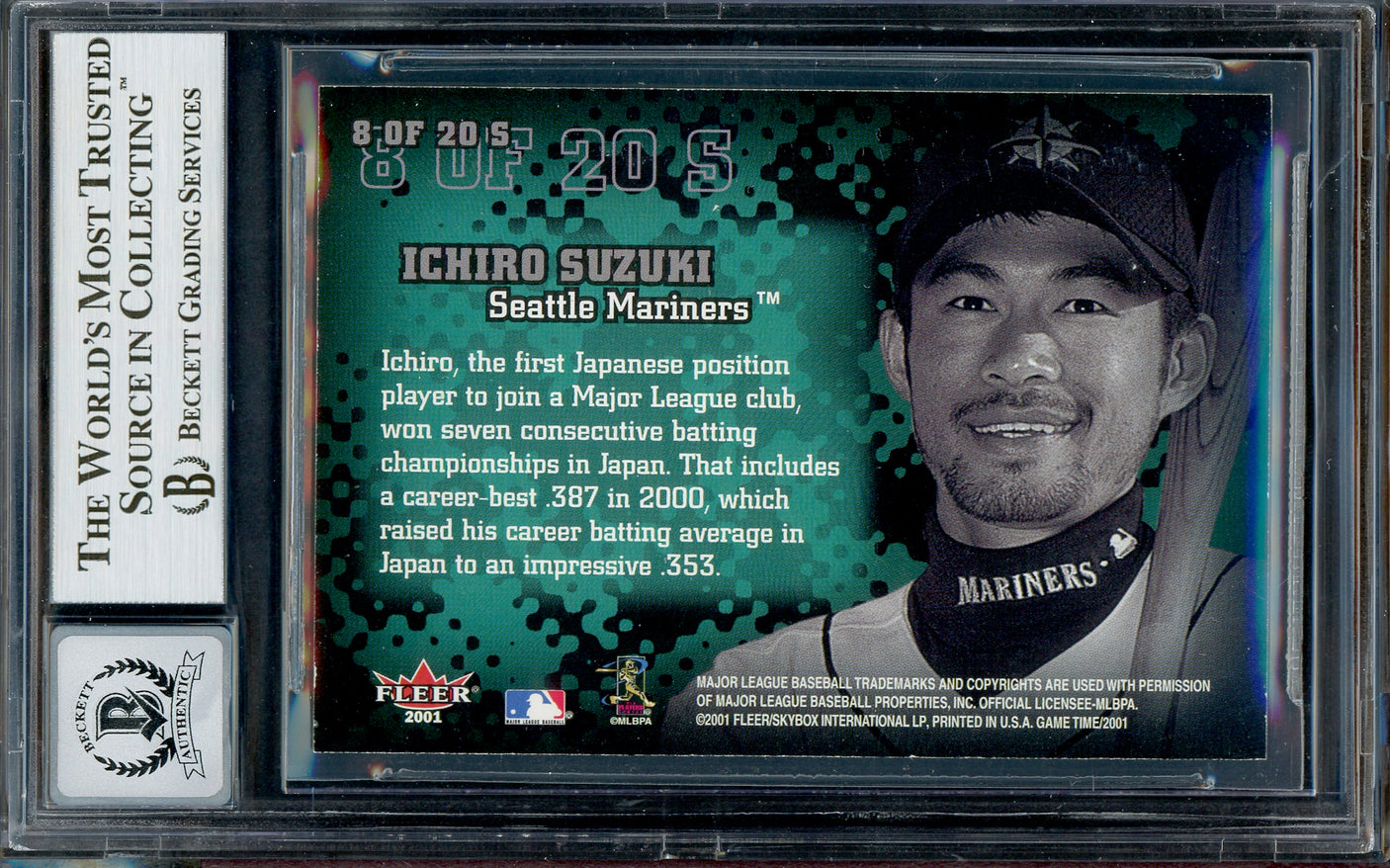 Ichiro Suzuki Autographed 2001 Fleer Game Time Stick To It Ness Rookie Card #8 Seattle Mariners Auto Grade Gem Mint 10 Beckett BAS #13018299