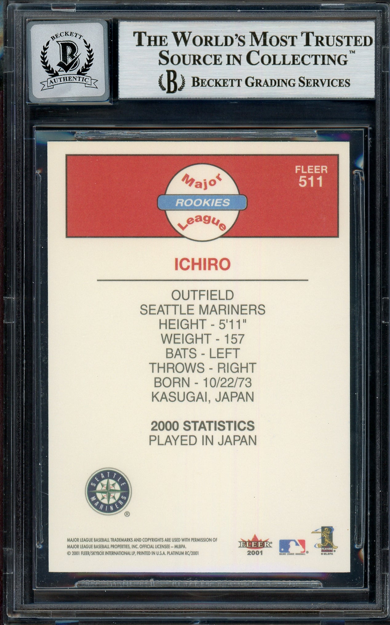 Ichiro Suzuki Autographed 2001 Fleer Platinum Rookie Card #511 Seattle Mariners Auto Grade Gem Mint 10 Beckett BAS #13018312