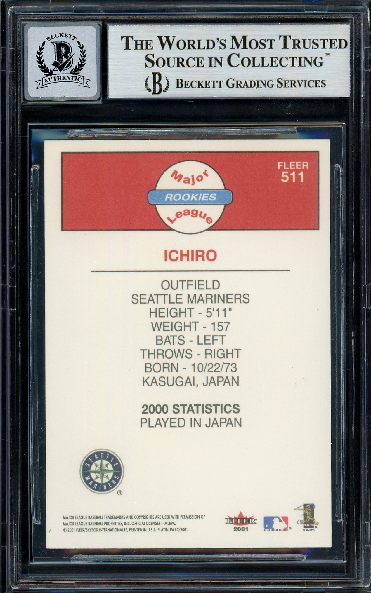 Ichiro Suzuki Autographed 2001 Fleer Platinum Rookie Card #511 Seattle Mariners Auto Grade Gem Mint 10 Beckett BAS #13018309