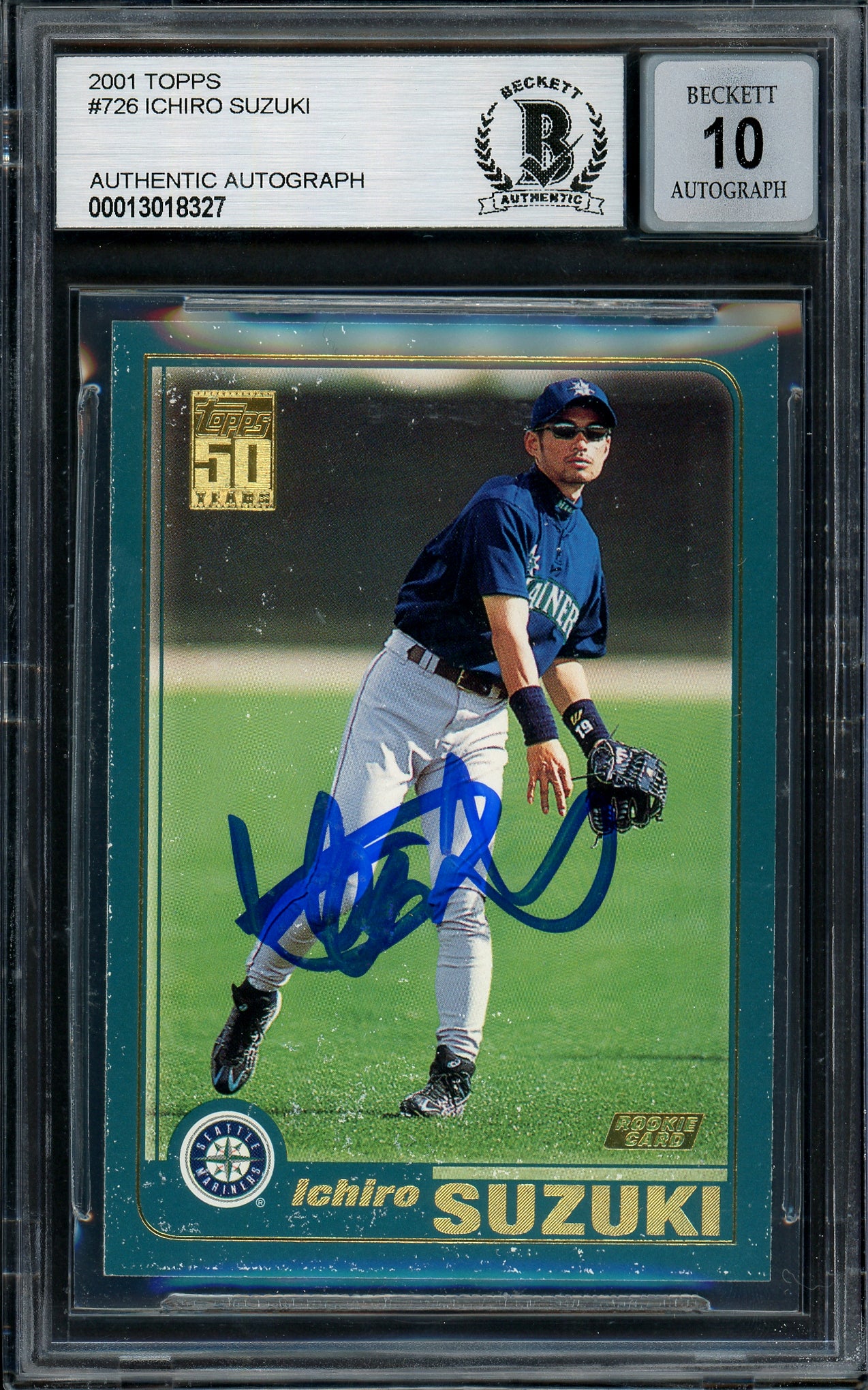 Ichiro Suzuki Autographed 2001 Topps Rookie Card #726 Seattle Mariners Auto Grade Gem Mint 10 (Off Condition) Beckett BAS #13018327
