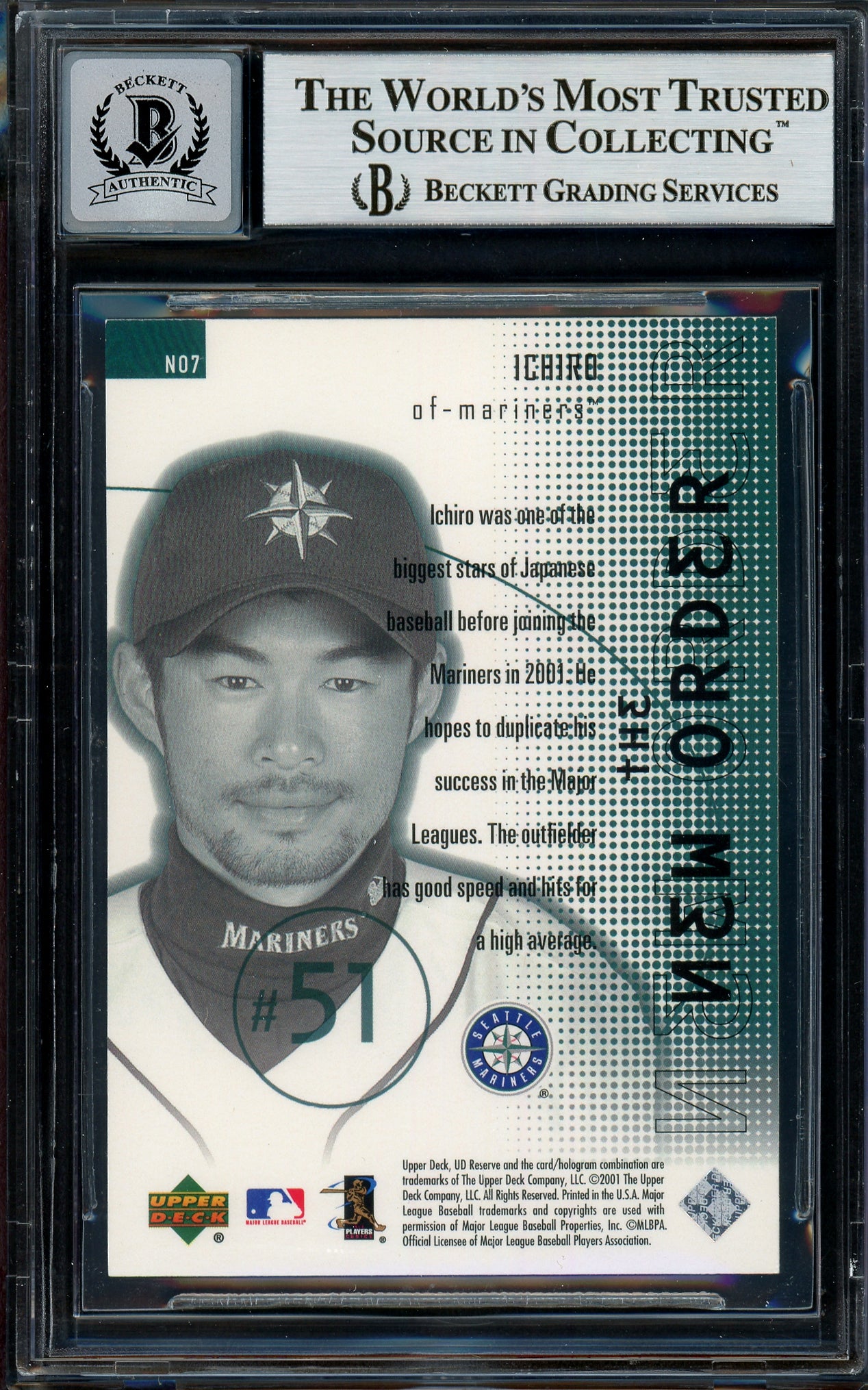 Ichiro Suzuki Autographed 2001 Upper Deck New Order Rookie Card #NO7 Seattle Mariners Auto Grade Gem Mint 10 Beckett BAS #13018487