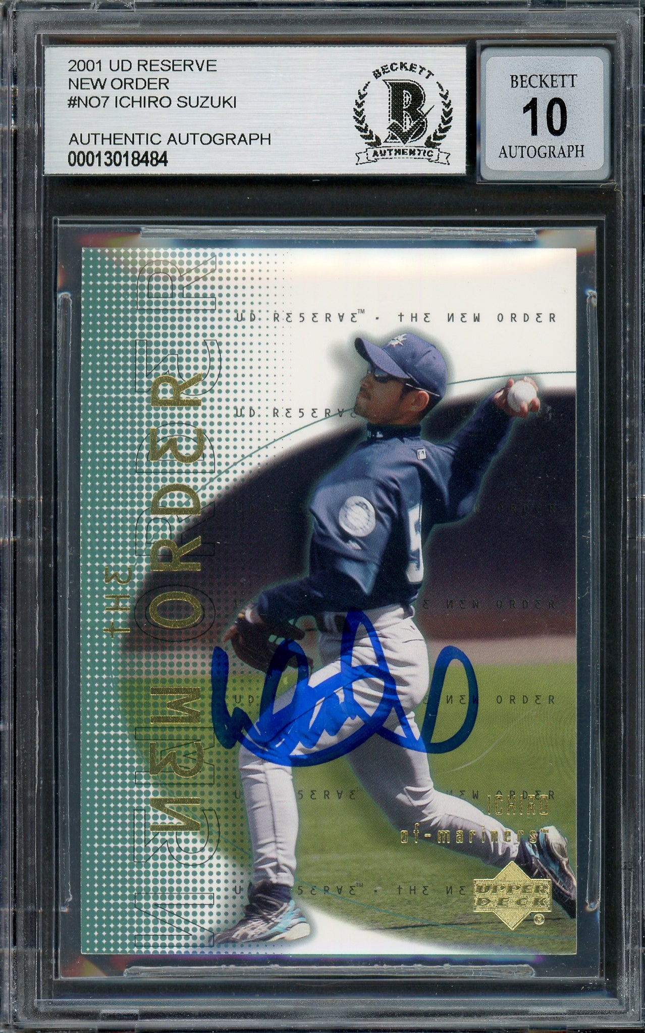 Ichiro Suzuki Autographed 2001 Upper Deck New Order Rookie Card #NO7 Seattle Mariners Auto Grade Gem Mint 10 Beckett BAS #13018484