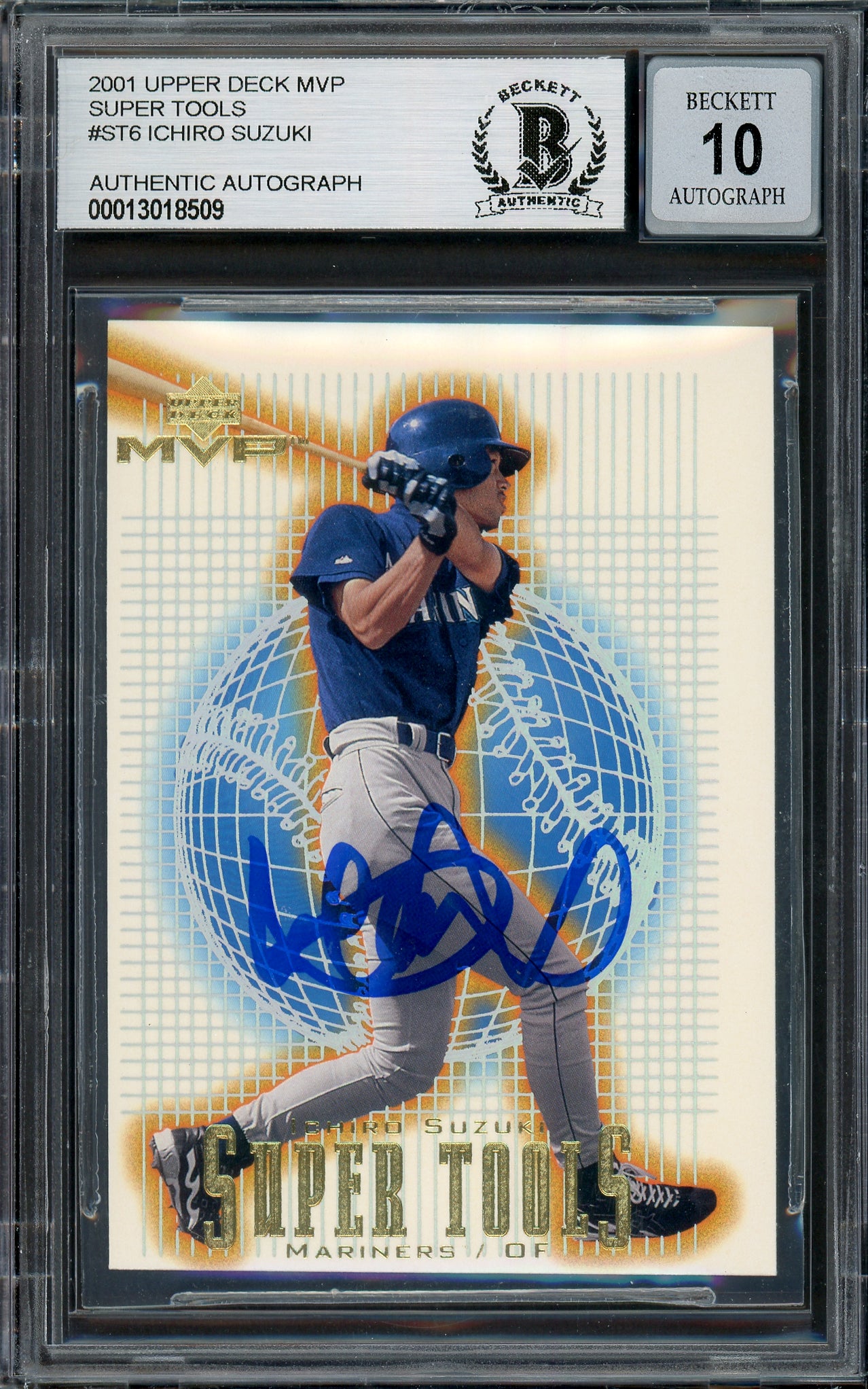 Ichiro Suzuki Autographed 2001 Upper Deck MVP Super Tools Rookie Card #ST6 Seattle Mariners Auto Grade Gem Mint 10 Beckett BAS #13018509