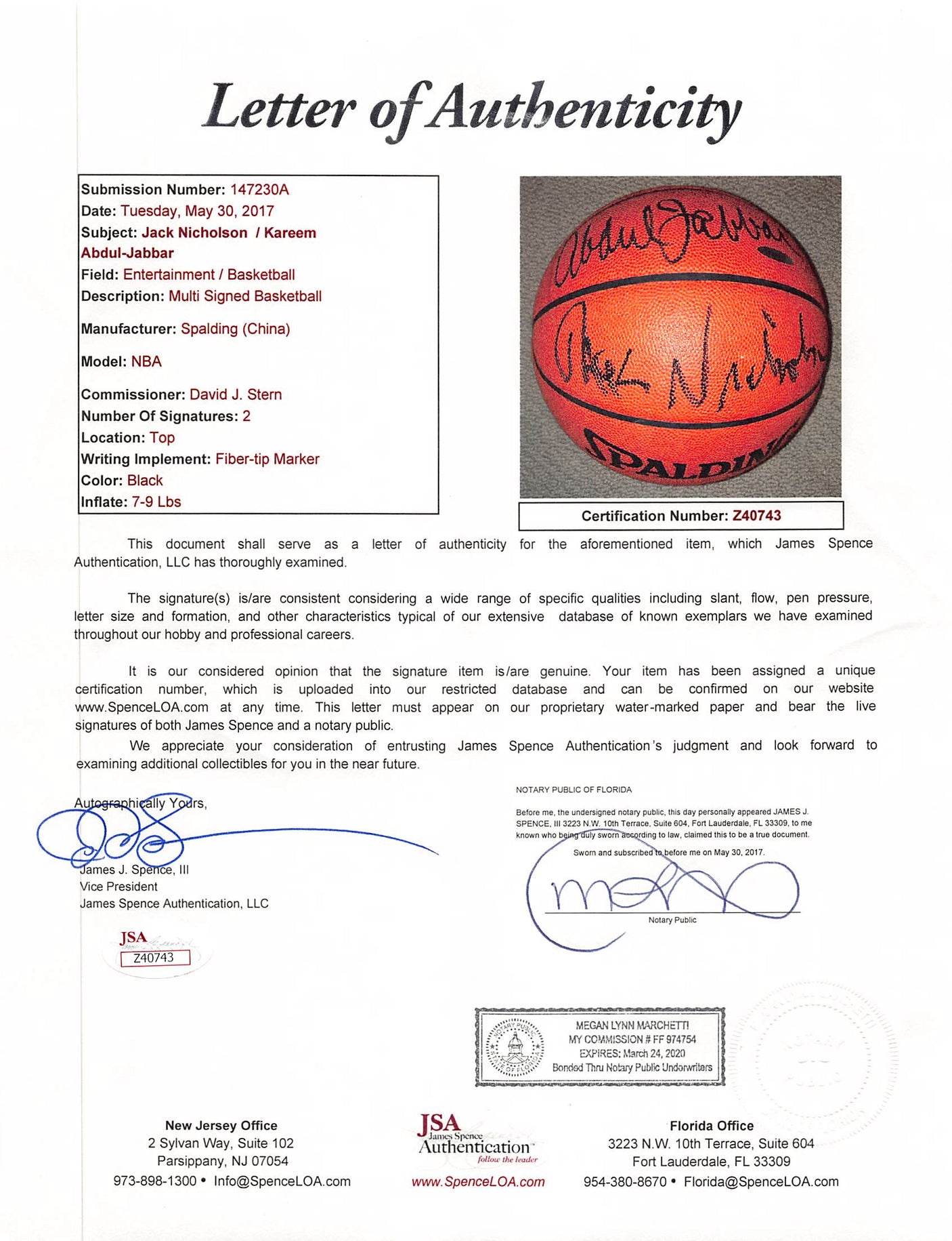 Jack Nicholson & Kareem Abdul-Jabbar Signed Spalding Basketball JSA #Z40743