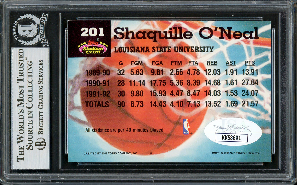 Shaquille Shaq O'Neal Autographed 1992-93 Stadium Club Members Choice Rookie Card #201 Orlando Magic Beckett BAS #13020291