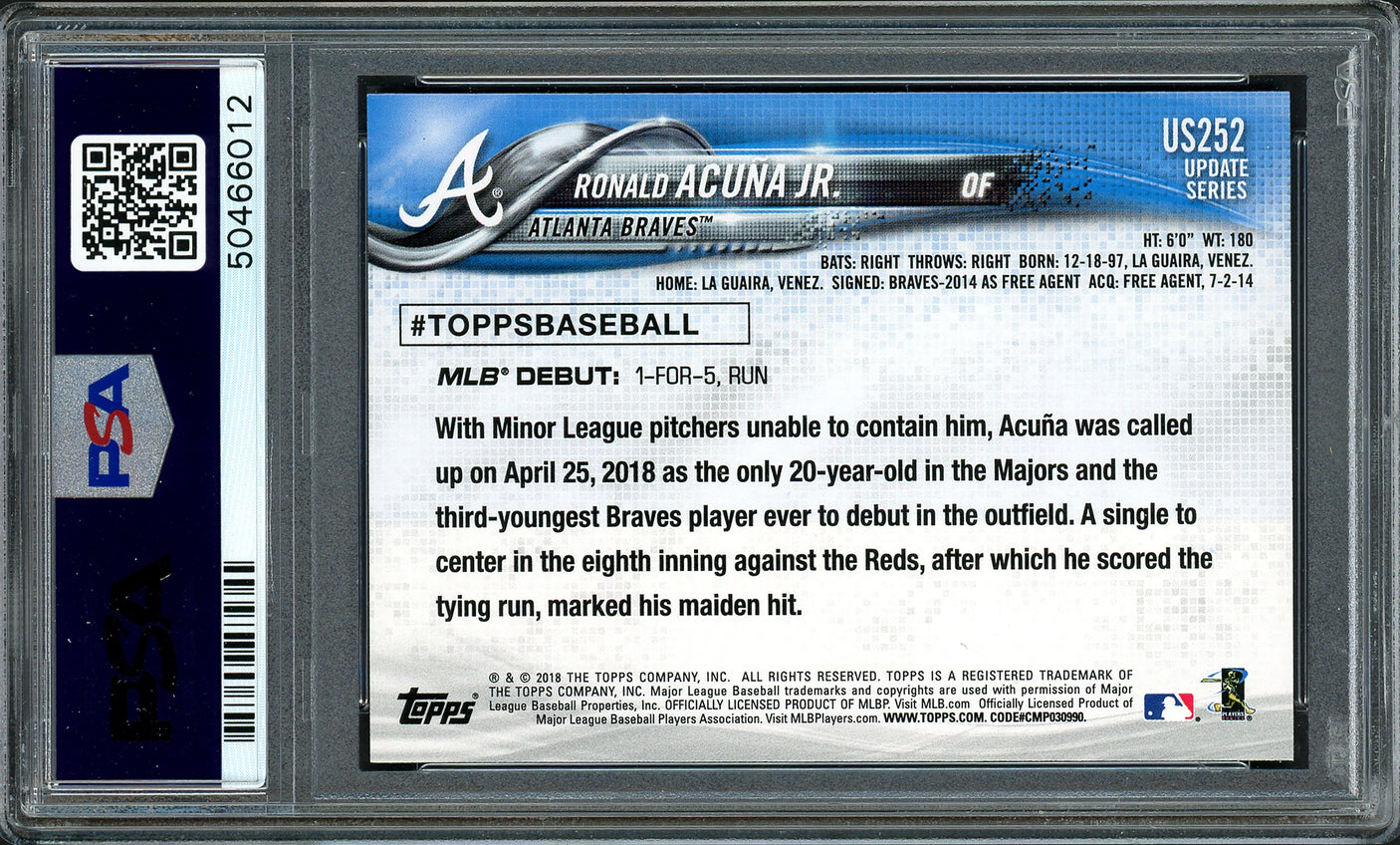 Ronald Acuna Jr. Autographed 2018 Topps Update Rookie Card #US252 Atlanta Braves PSA 9 Auto Grade Gem Mint 10 PSA/DNA #50466012