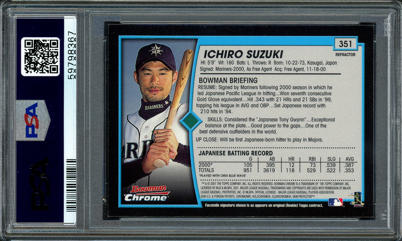 Ichiro Suzuki Autographed 2001 Bowman Chrome Refractor Rookie Card #351 Seattle Mariners Auto Grade Gem Mint 10 "01 ROY/MVP" English PSA/DNA #59798367