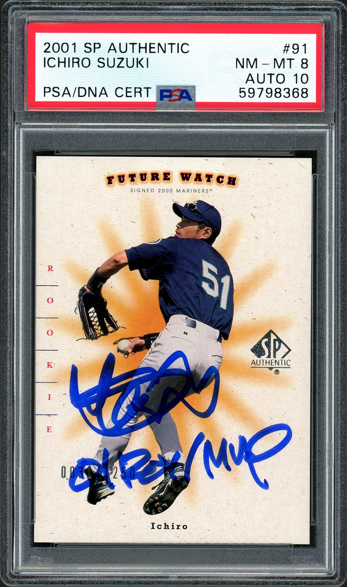 Ichiro Suzuki Autographed 2001 SP Authentic Rookie Card #91 Seattle Mariners PSA 8 Auto Grade Gem Mint 10 "01 ROY/MVP" #31/1250 PSA/DNA #59798368