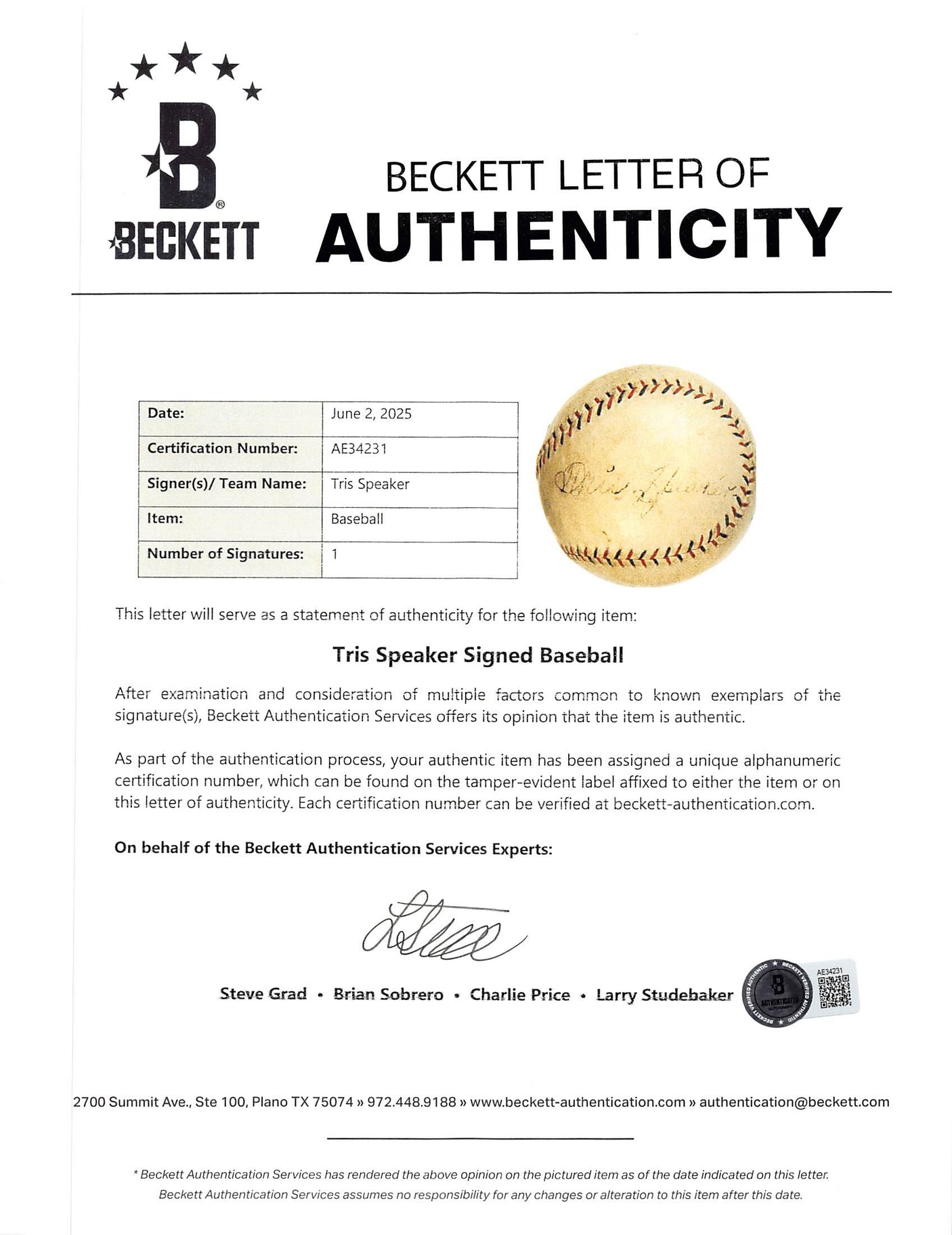 Red Sox Tris Speaker Signed Spalding International League Baseball BAS #AE34231