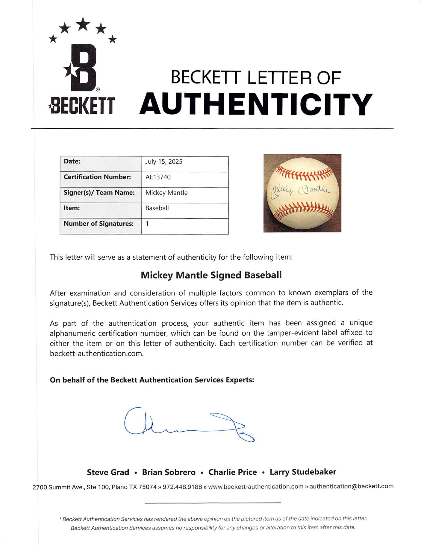 Yankees Mickey Mantle Authentic Signed Bobby Brown OAL Baseball BAS #AE13740