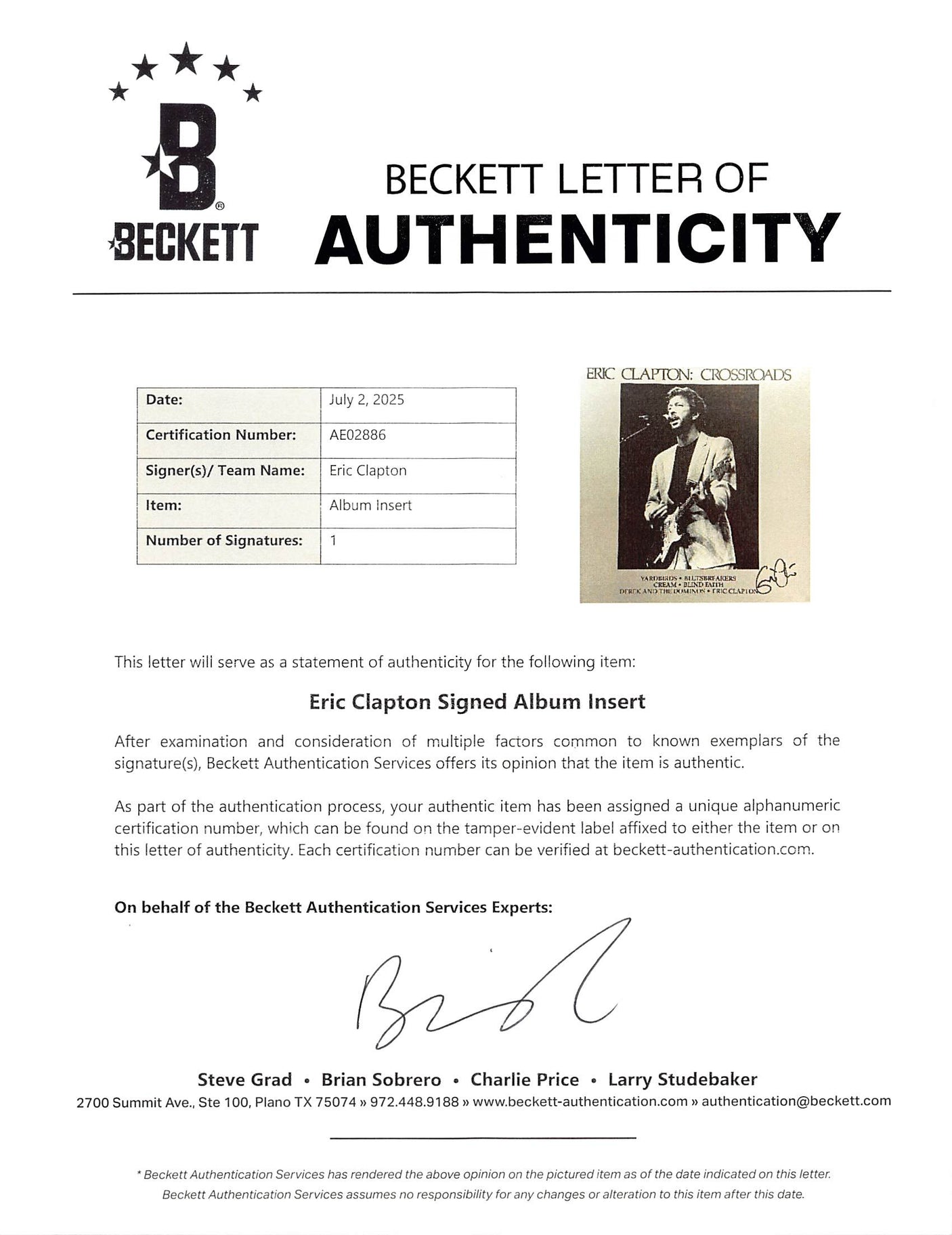 Eric Clapton Authentic Signed Crossroads Album Flat Autographed BAS #AE02886