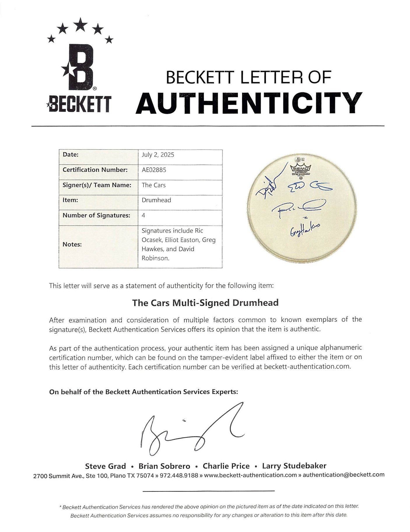 The Cars (4) Ocasek, Easton, Hawkes & Robinson Signed 10 Inch Drum Head BAS LOA