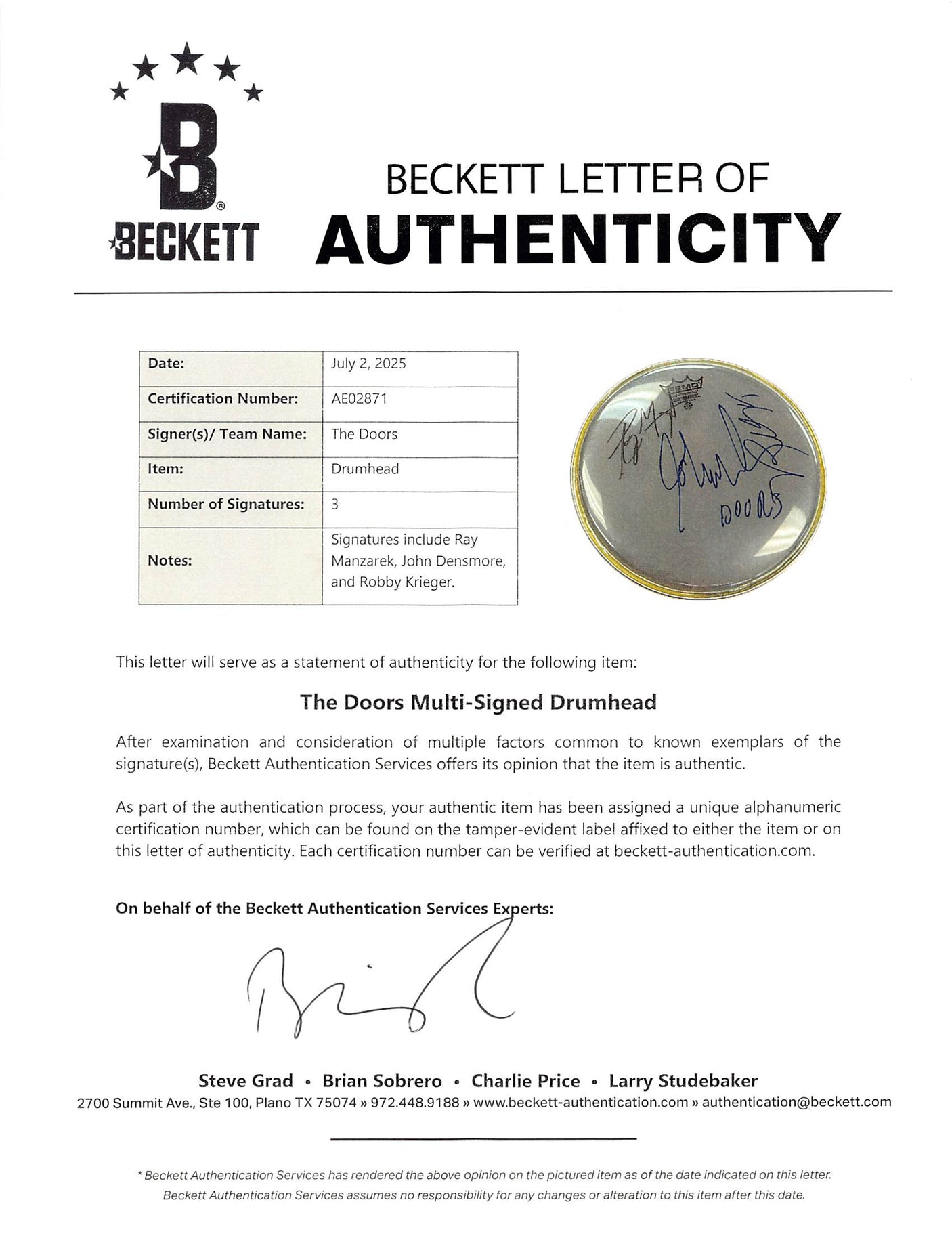 The Doors (3) Manzarek, Densmore & Krieger Signed 10 Inch Drum Head BAS #AE02871
