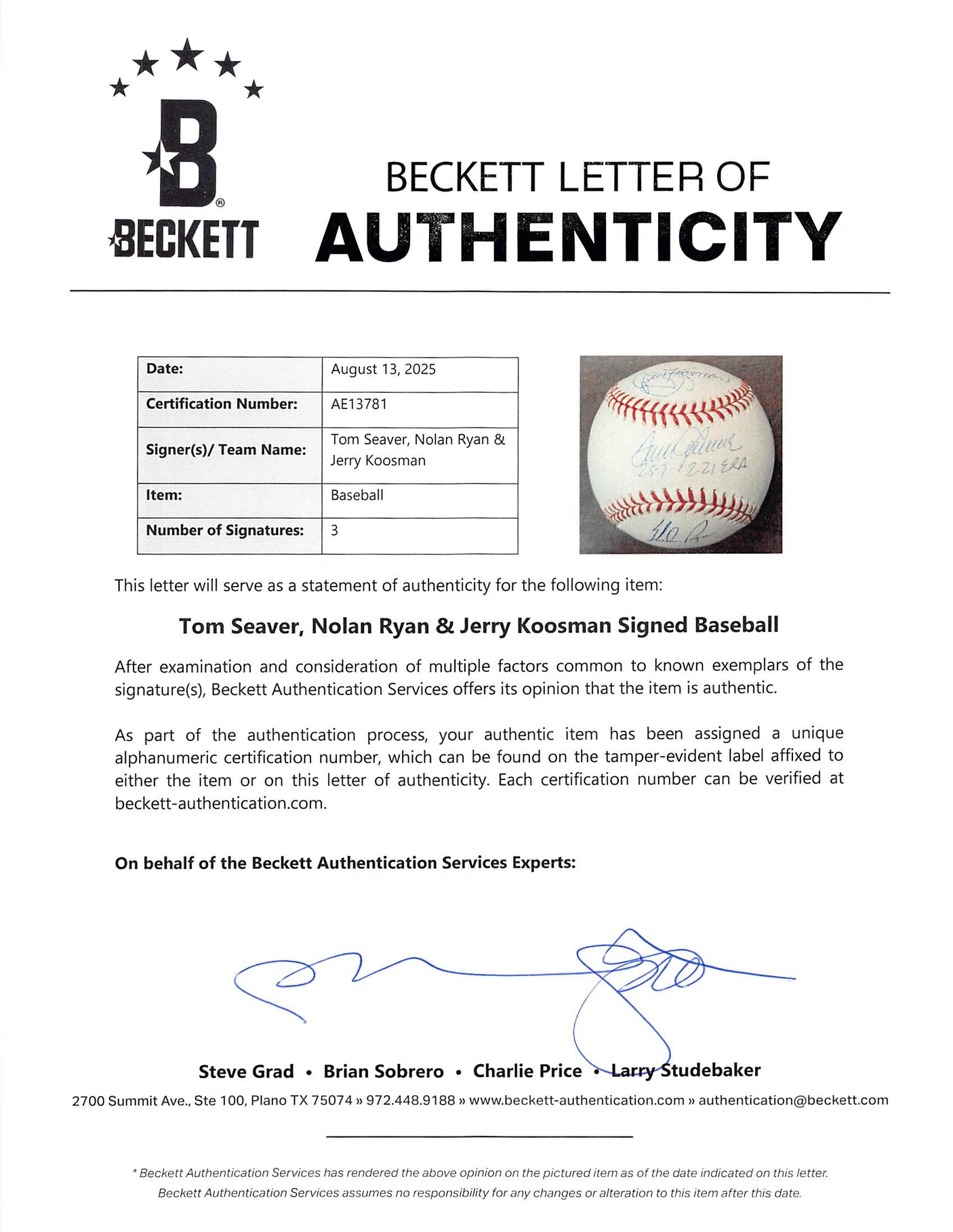 Mets Tom Seaver, Nolan Ryan & Jerry Koosman Signed Sellig Baseball BAS #AE13781