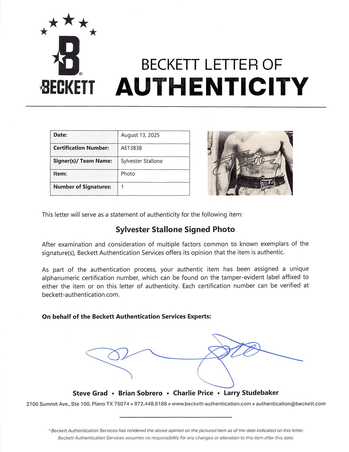 Sylvester Stallone Rocky Signed 16x20 Vertical B&W Photo Auto 10! BAS
