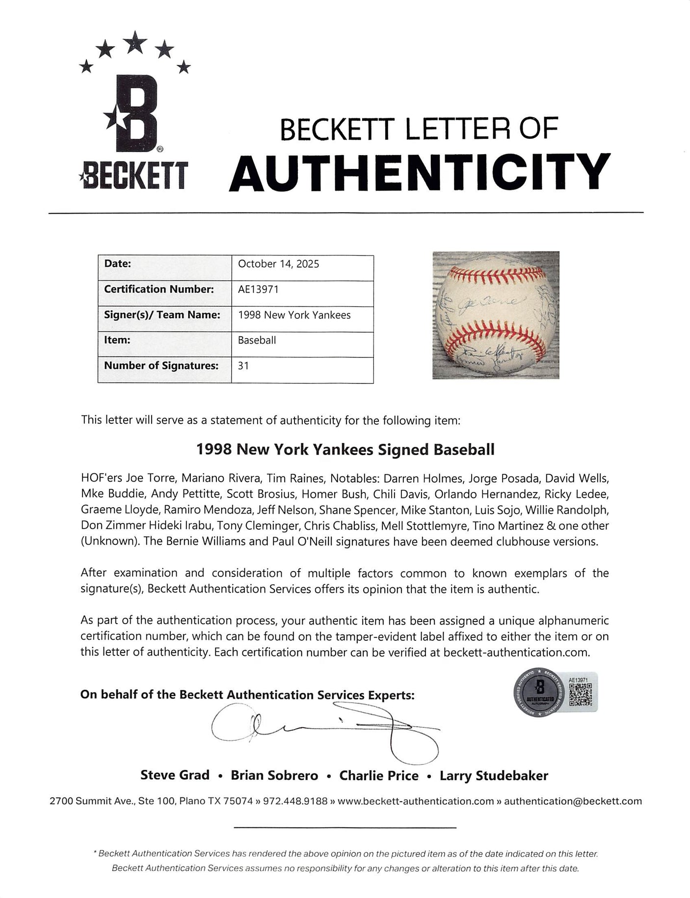 1998 Yankees (31) Torre, Rivera, Raines Signed WS Logo OML Baseball BAS #AE13971