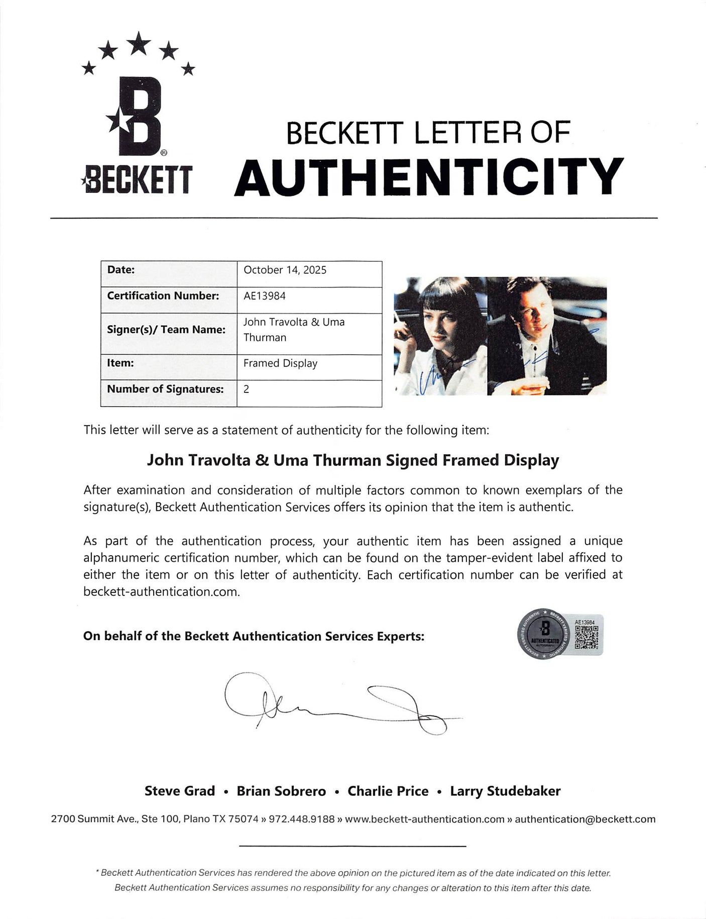 John Travolta & Uma Thurman Pulp Fiction Signed 8x10 Framed Photo BAS AE13984