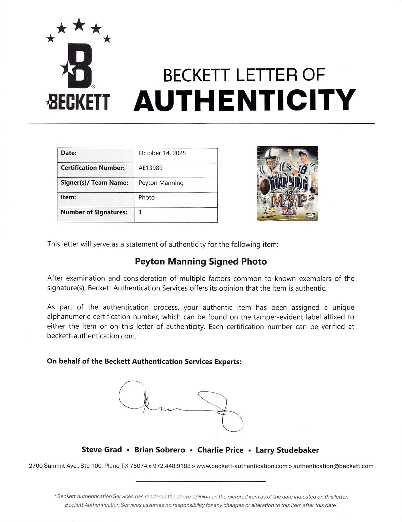 Colts Peyton Manning Authentic Signed 8x10 Vertical Collage Photo BAS #AE13989
