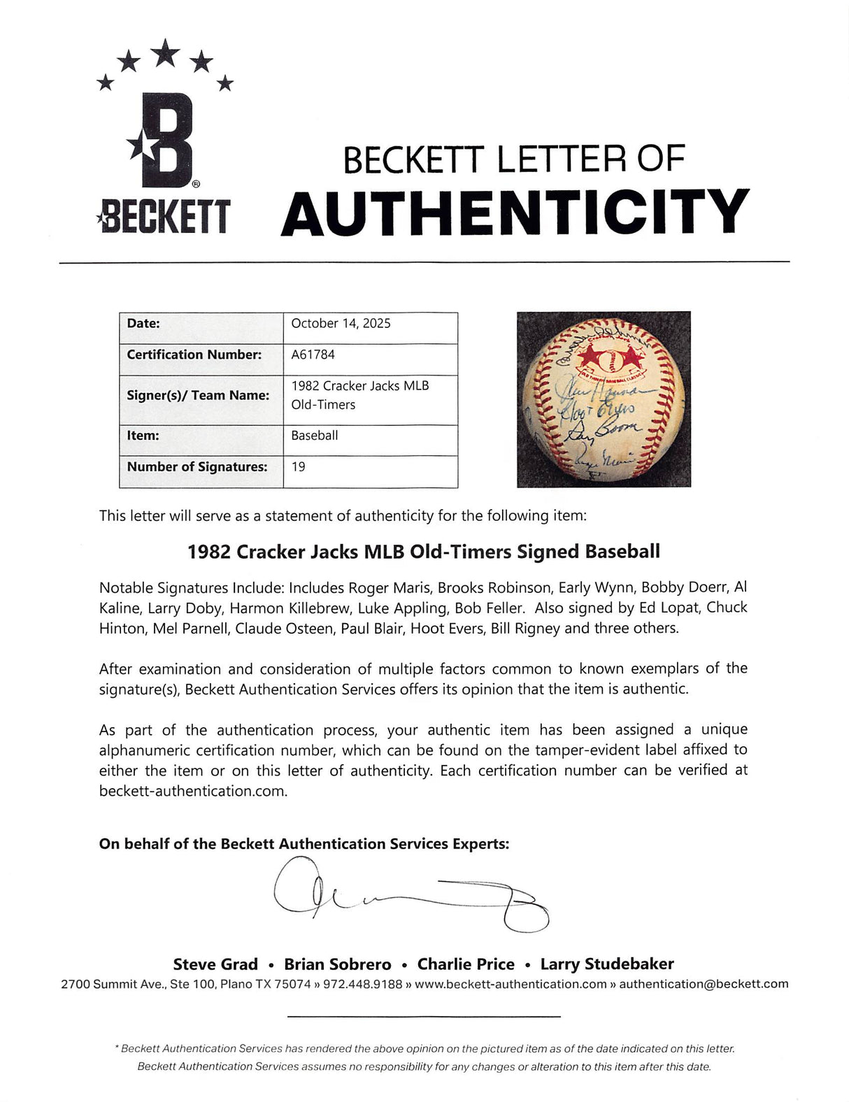 1982 Cracker Jacks (19) Maris, Robinson, Killebrew Signed Baseball BAS #A61784