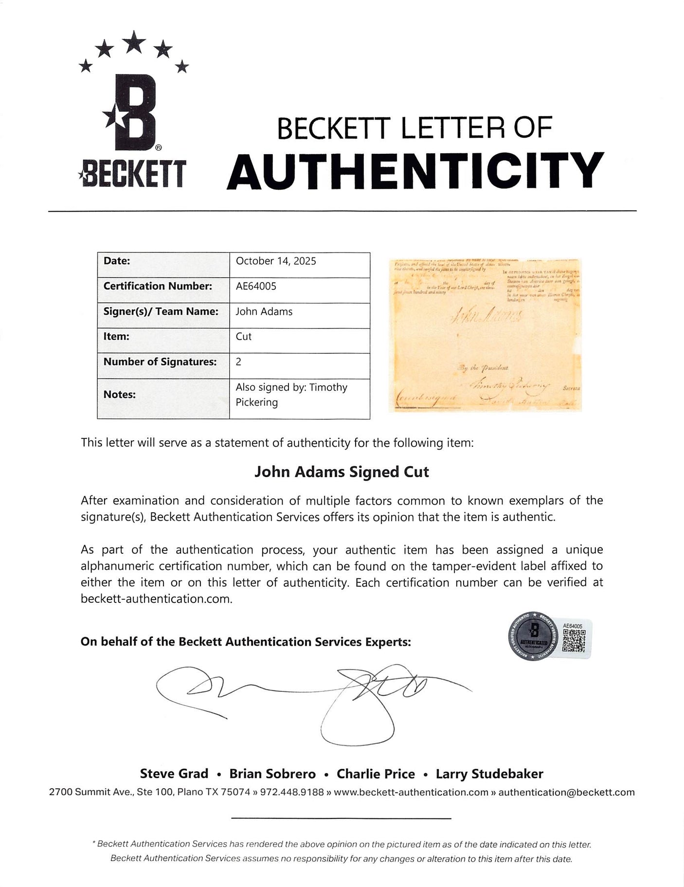 John Adams Signed & Framed 5x7 Cut Signature Dated June 1799 BAS #AE64005