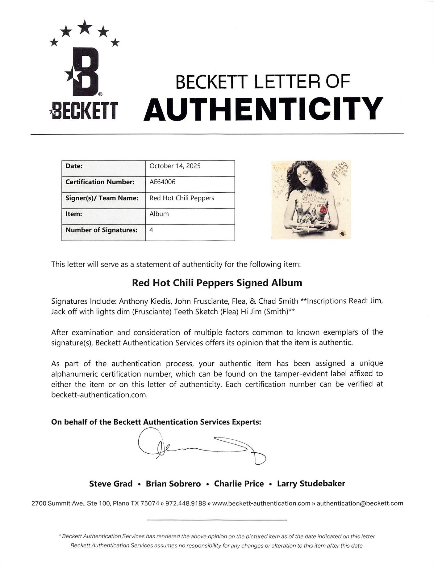 RHCP (4) Kiedis, Flea, Smith, & Frusciante Signed Mother's Milk Album Cover BAS