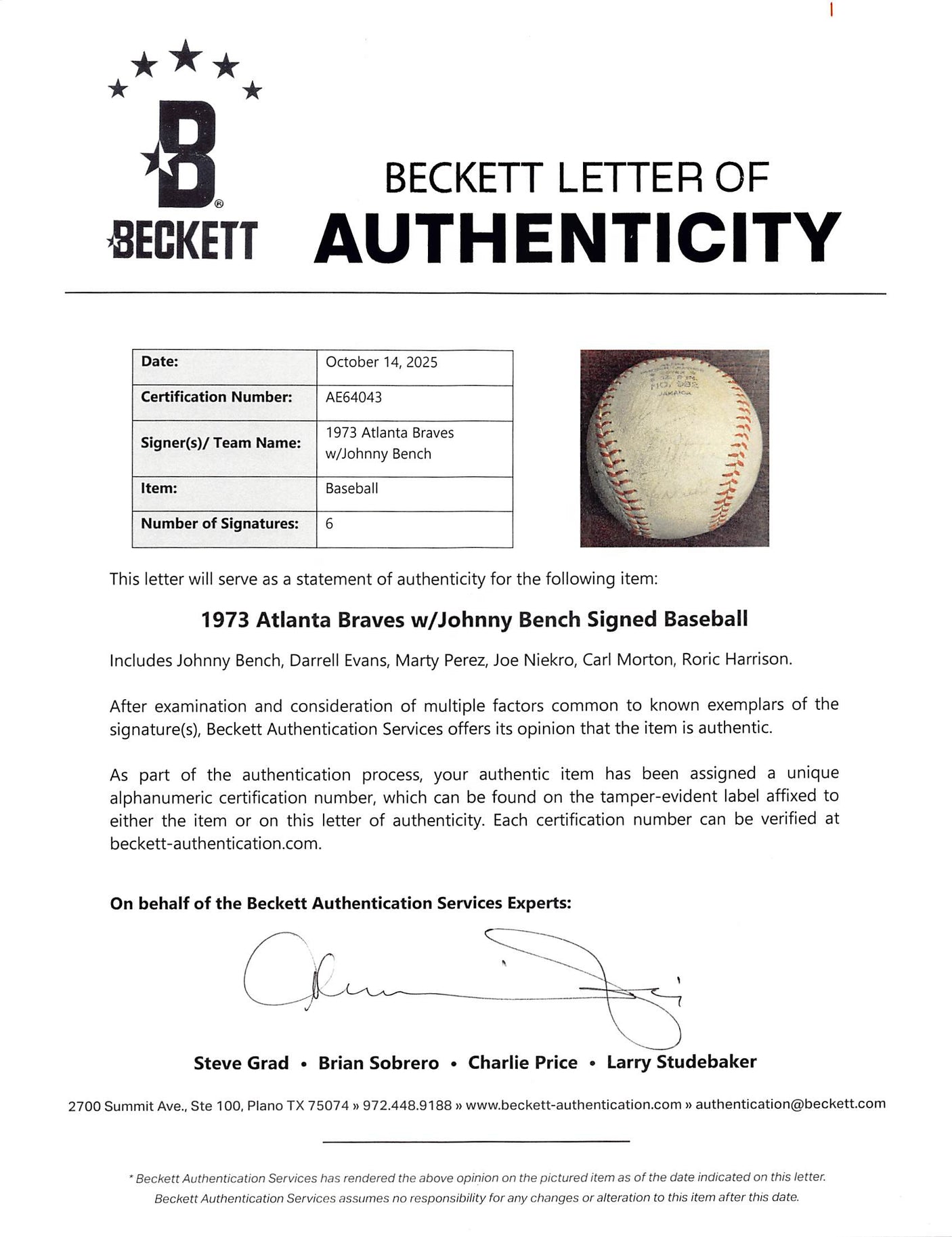 1973 Braves Niekro, Evans & Johnny Bench Signed Major League Baseball BAS LOA