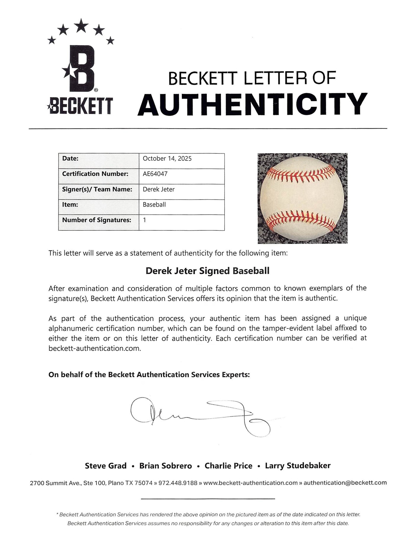 Yankees Derek Jeter Authentic Signed Allen Selig OML Baseball BAS #AE64047