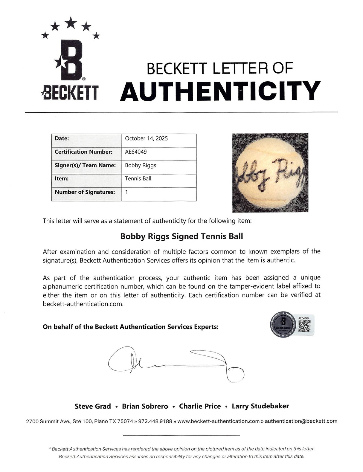 Bobby Riggs Authentic Signed Slazenger Tennis Ball Autographed BAS #AE64049