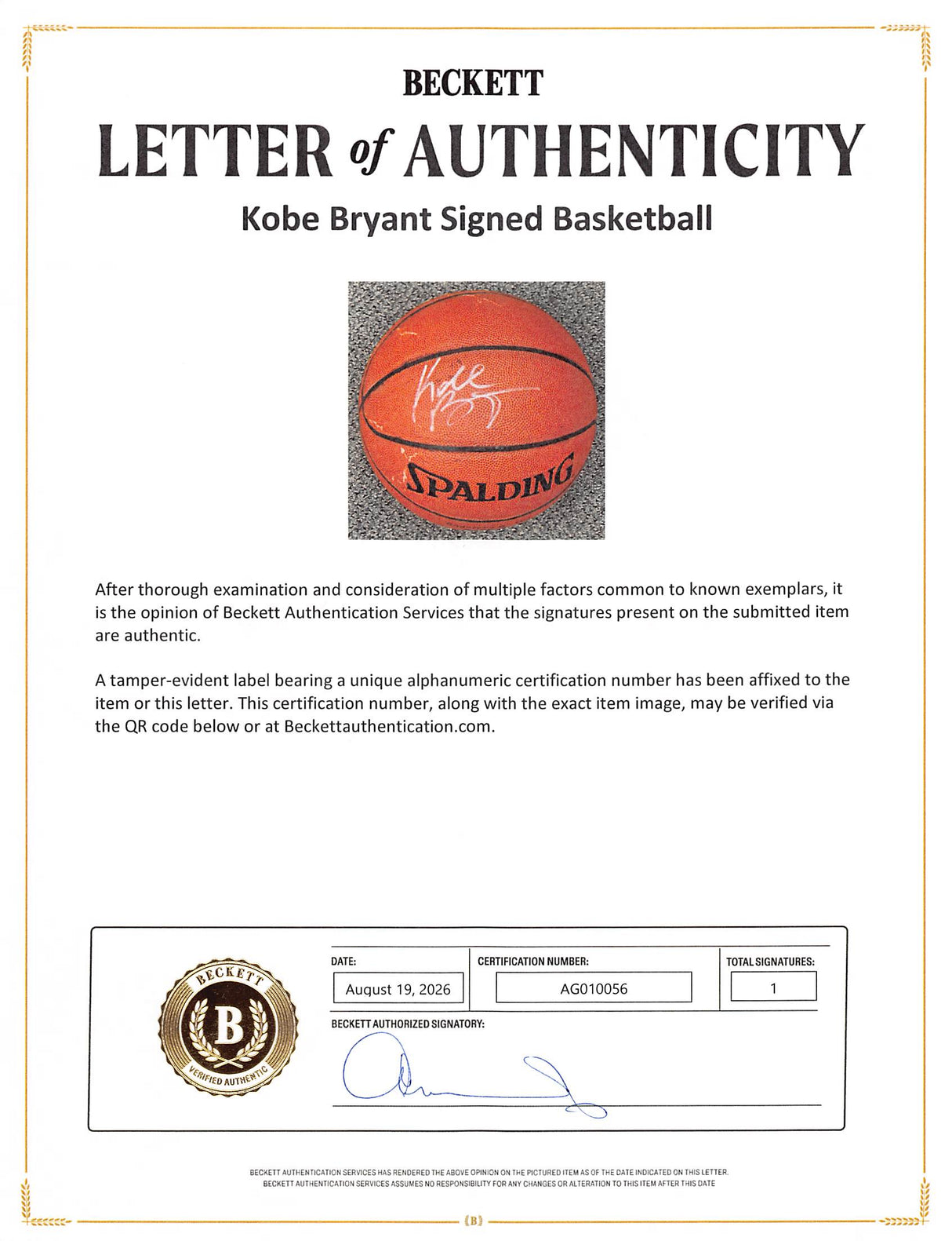 Lakers Kobe Bryant Authentic Signed Spalding Basketball BAS #AG010056