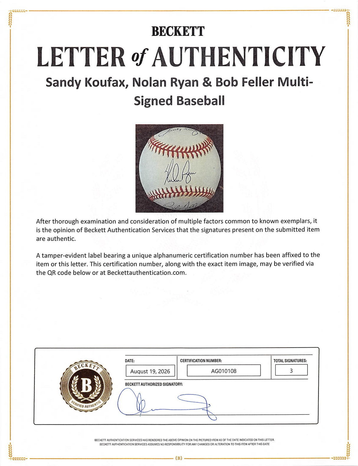 Sandy Koufax, Nolan Ryan & Bob Feller Authentic Signed Baseball BAS #AG010108