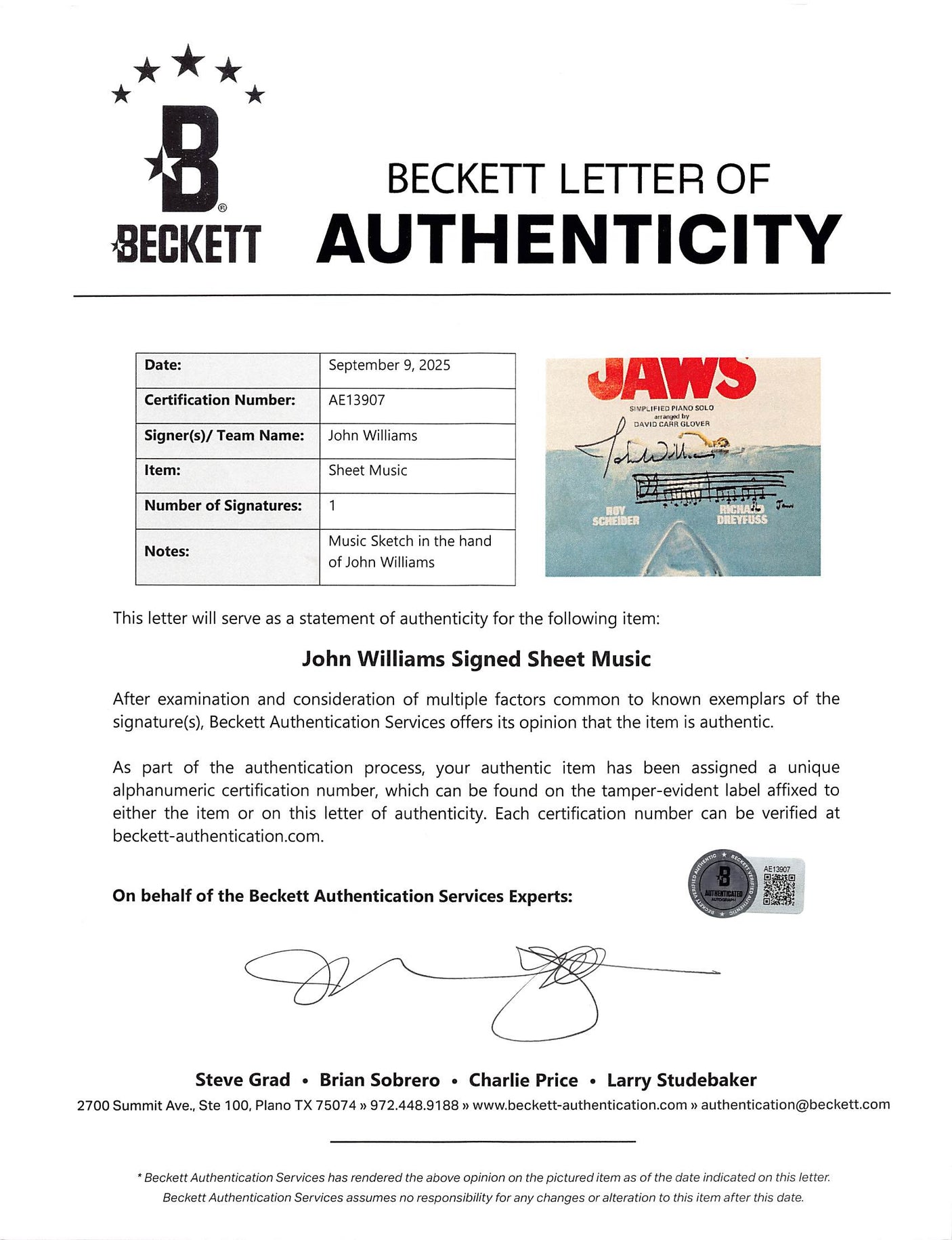 John Williams Signed Jaws Theme Music Sheet Booklet w/ Music Sketch BAS #AE13907