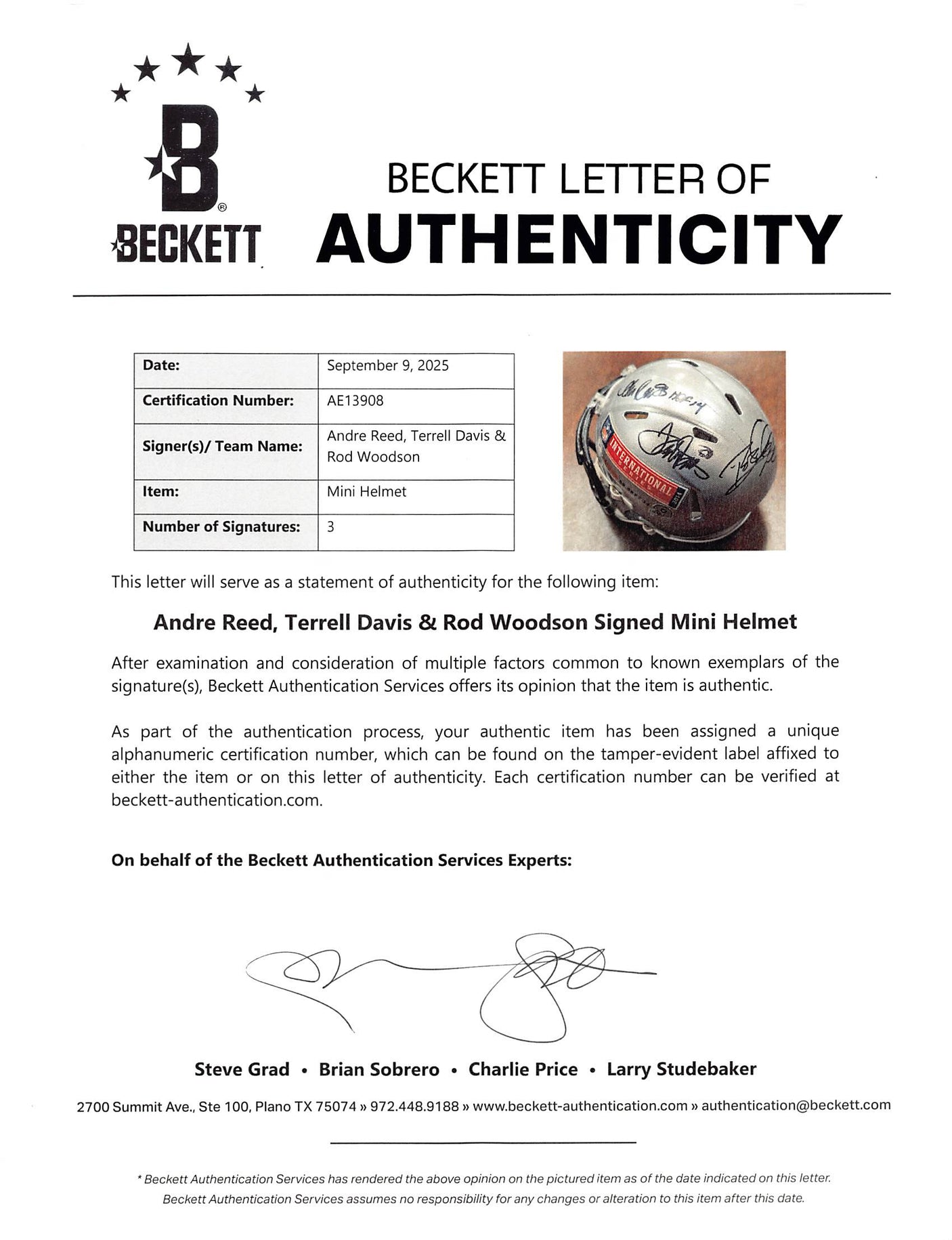 Andre Reed, Terrell Davis & Rod Woodson Signed Speed Mini Helmet BAS #AE13908