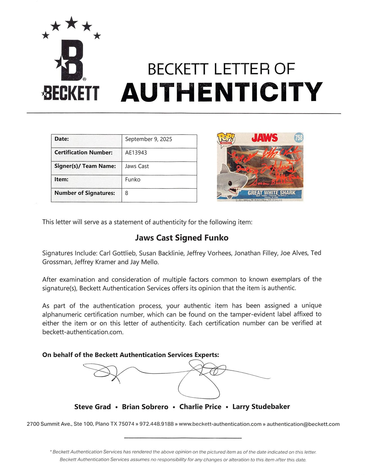 Jaws (8) Gottlieb Backlinie Vorhees +5 Signed #758 Funko Pop Figure BAS #AE13943