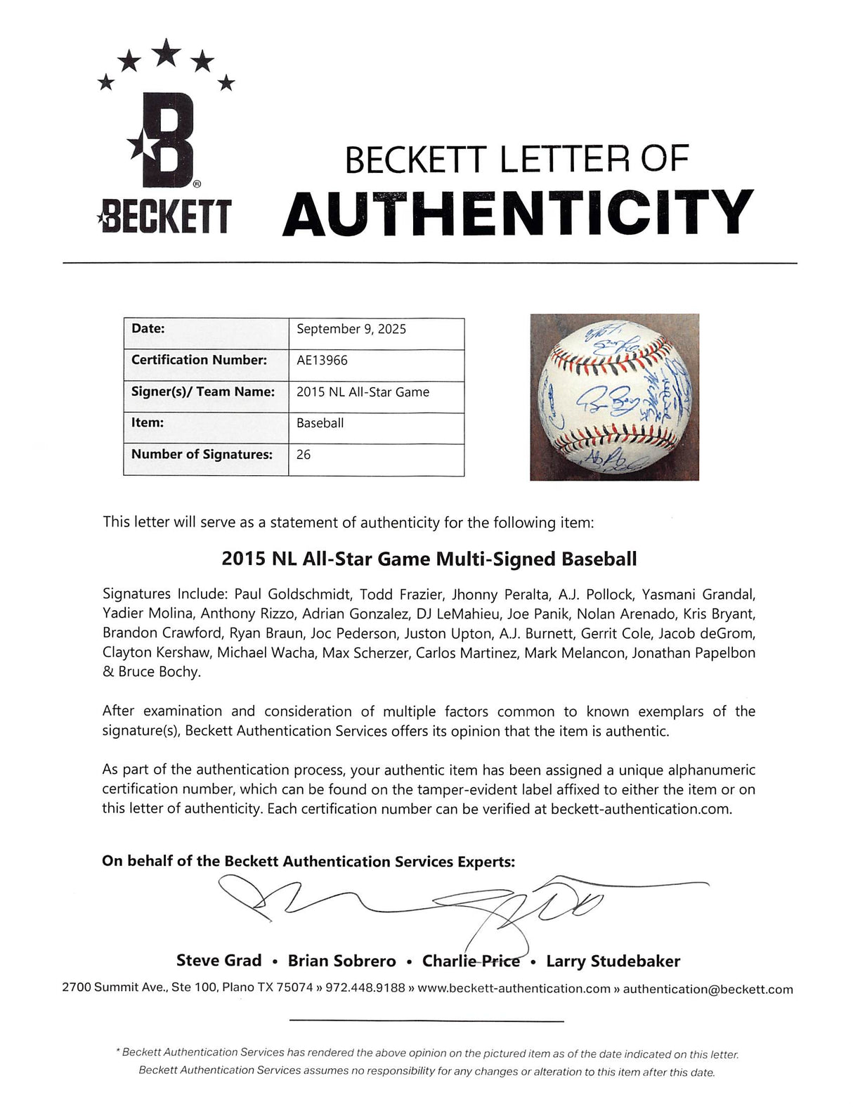 2015 NL ASG (26) Bryant, deGrom, Kershaw, Scherzer Signed Baseball BAS #AE13966