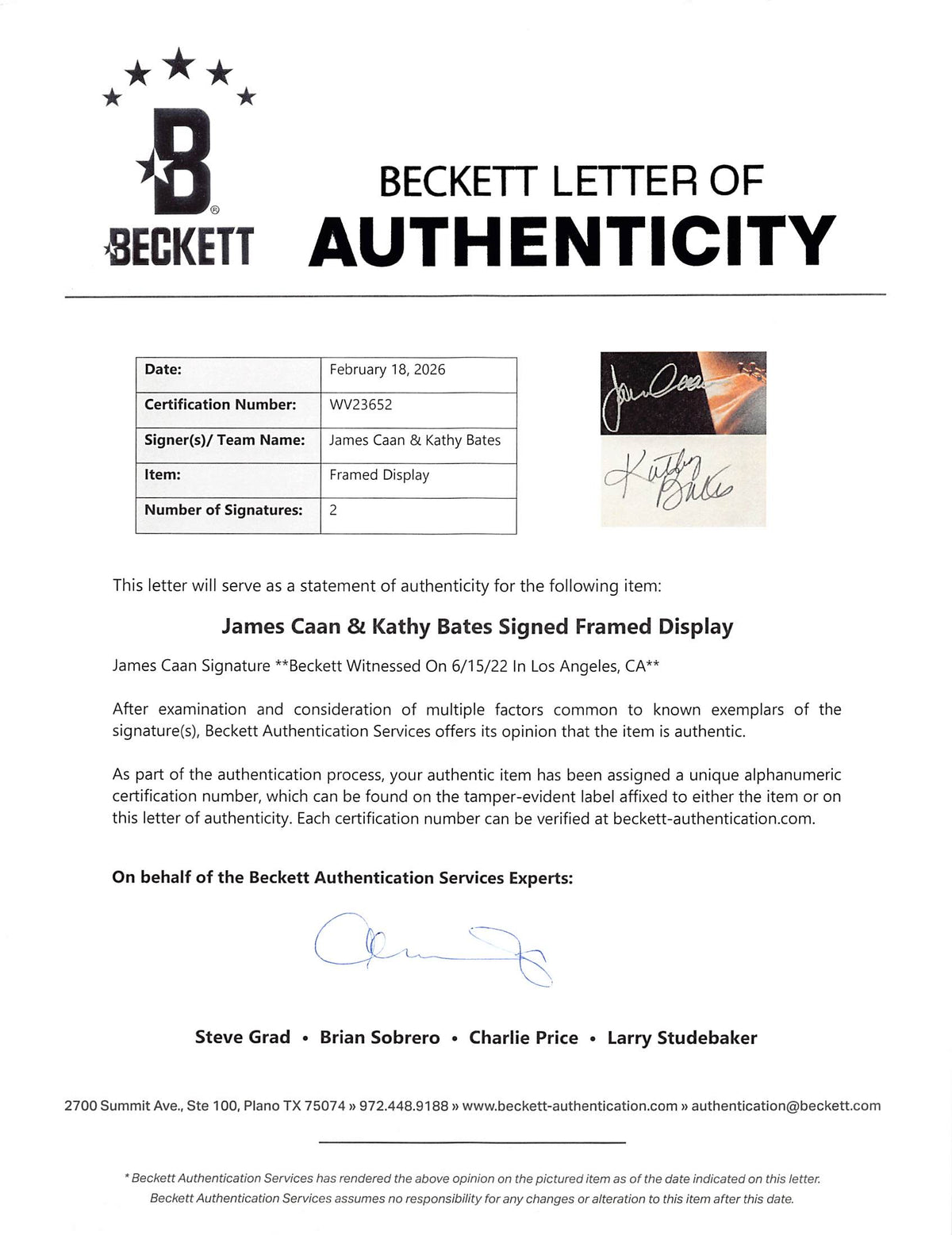 Kathy Bates & James Caan Misery Authentic Signed Framed Display BAS #WV23652