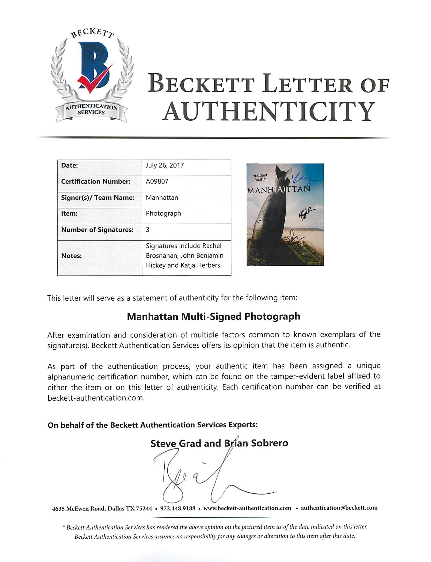 Manhattan (Rachel Brosnahan,Katja Herbers +1) Signed 11X14 Photo BAS #A09807