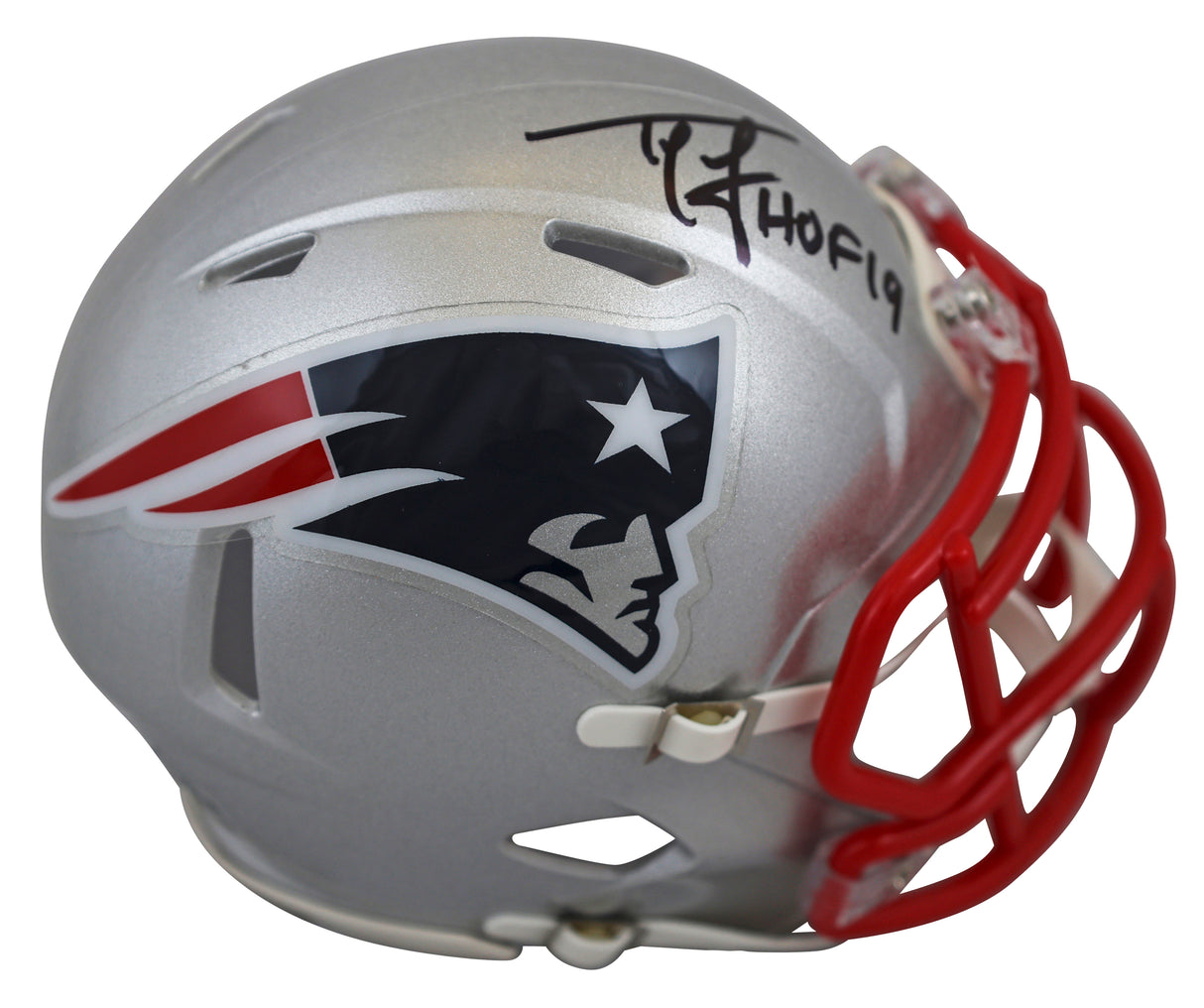 Patriots Ty Law "HOF 2019" Signed Speed Mini Helmet W/ Case BAS Witnessed