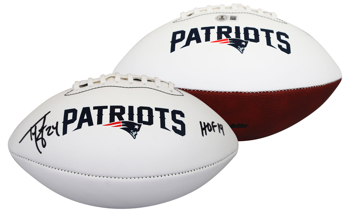 Patriots Ty Law "HOF 19" Signed Franklin White Panel Logo Football W/ Case BAS W