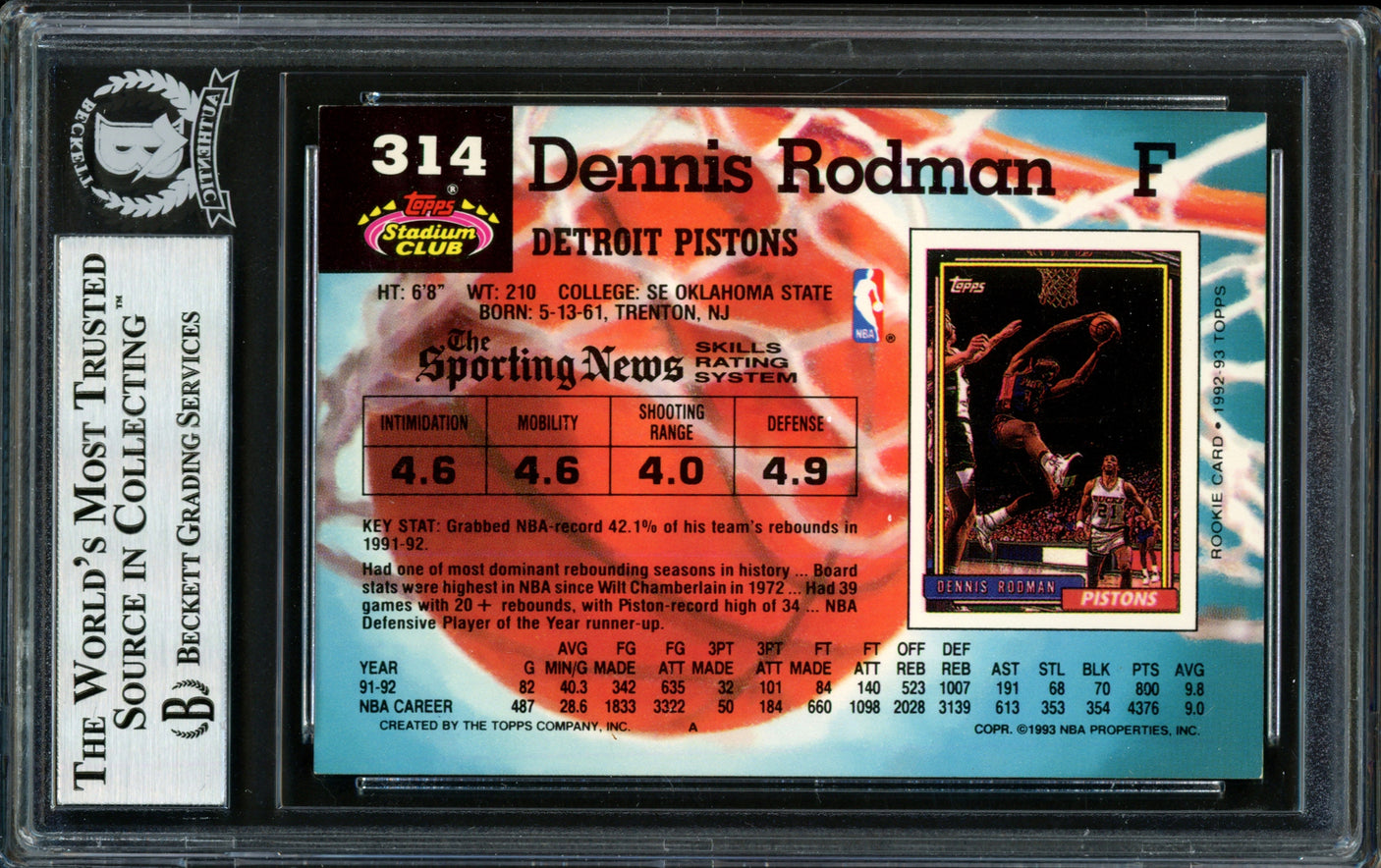 Dennis Rodman Autographed 1992-93 Stadium Club Card #314 Detroit Pistons Signed In Blue Beckett BAS #12518329