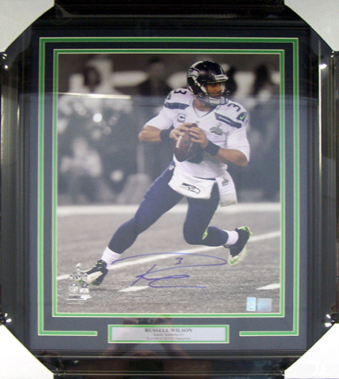Russell Wilson Autographed Framed 16x20 Photo Seattle Seahawks Super Bowl RW Holo Stock #80882