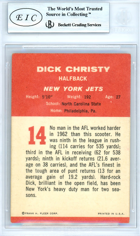 Dick Christy Autographed 1963 Fleer Card #14 New York Jets Beckett BAS #10179296