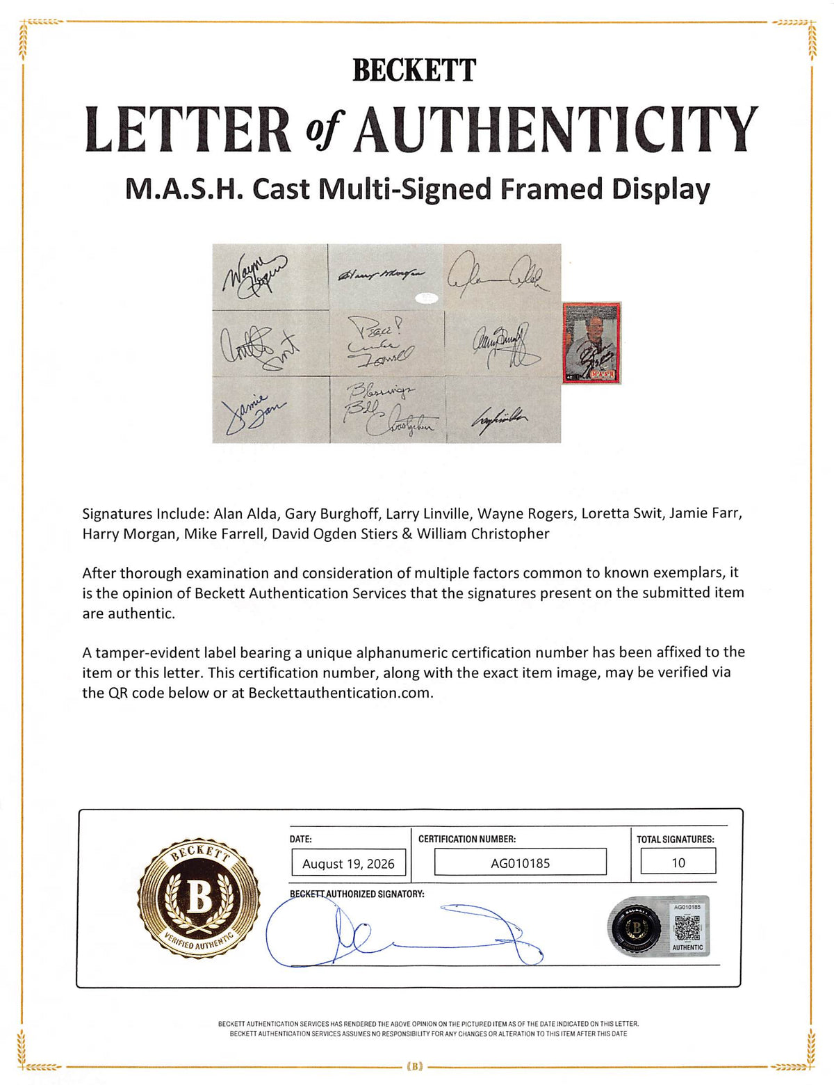 M*A*S*H (10) Alda, Farrell, Swit, Burghoff, Rogers Signed Framed Display BAS LOA