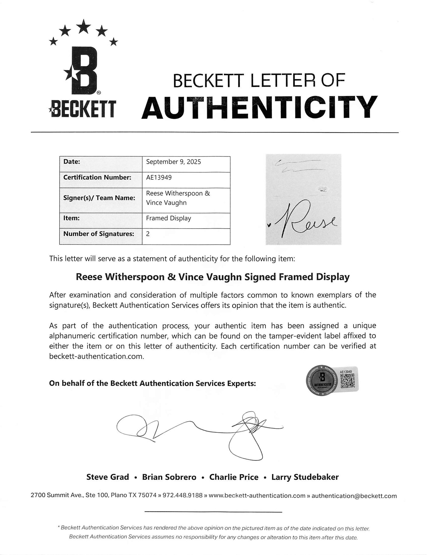 Reese Witherspoon & Vince Vaughn Four Christmases Signed Framed Display BAS LOA